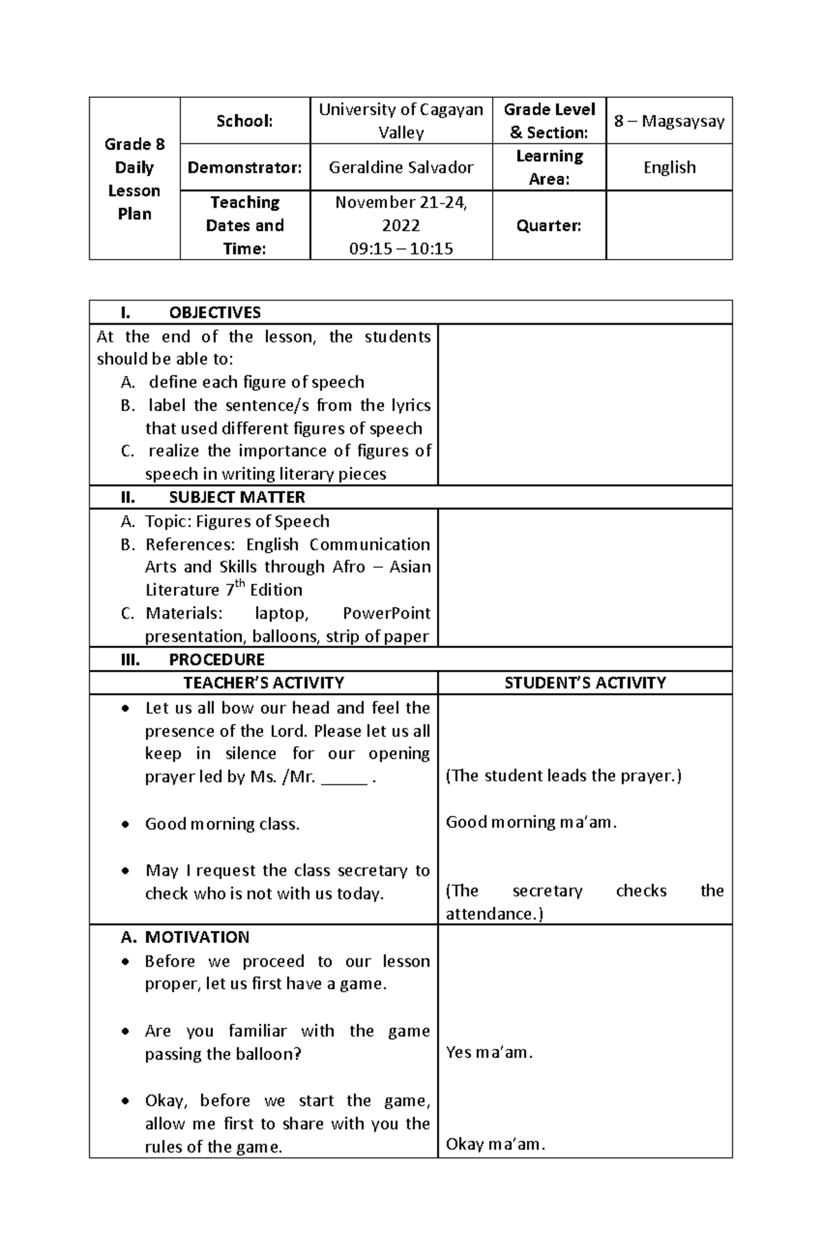 LESSON PLAN IN ENGLISH GRADE 8 - Grade 8 Daily Lesson Plan School ...