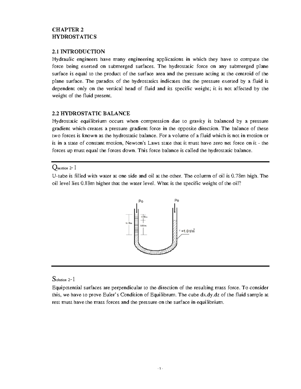 Solved Questions - CHAPTER 2 HYDROSTATICS 2 INTRODUCTION Hydraulic ...