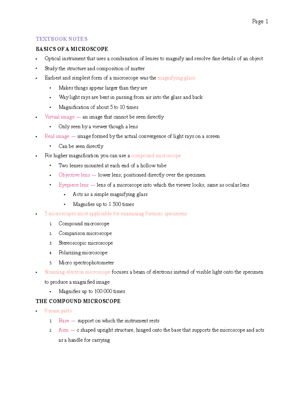 Week 4 notes - TEXTBOOK NOTES BASICS OF A MICROSCOPE Optical instrument ...