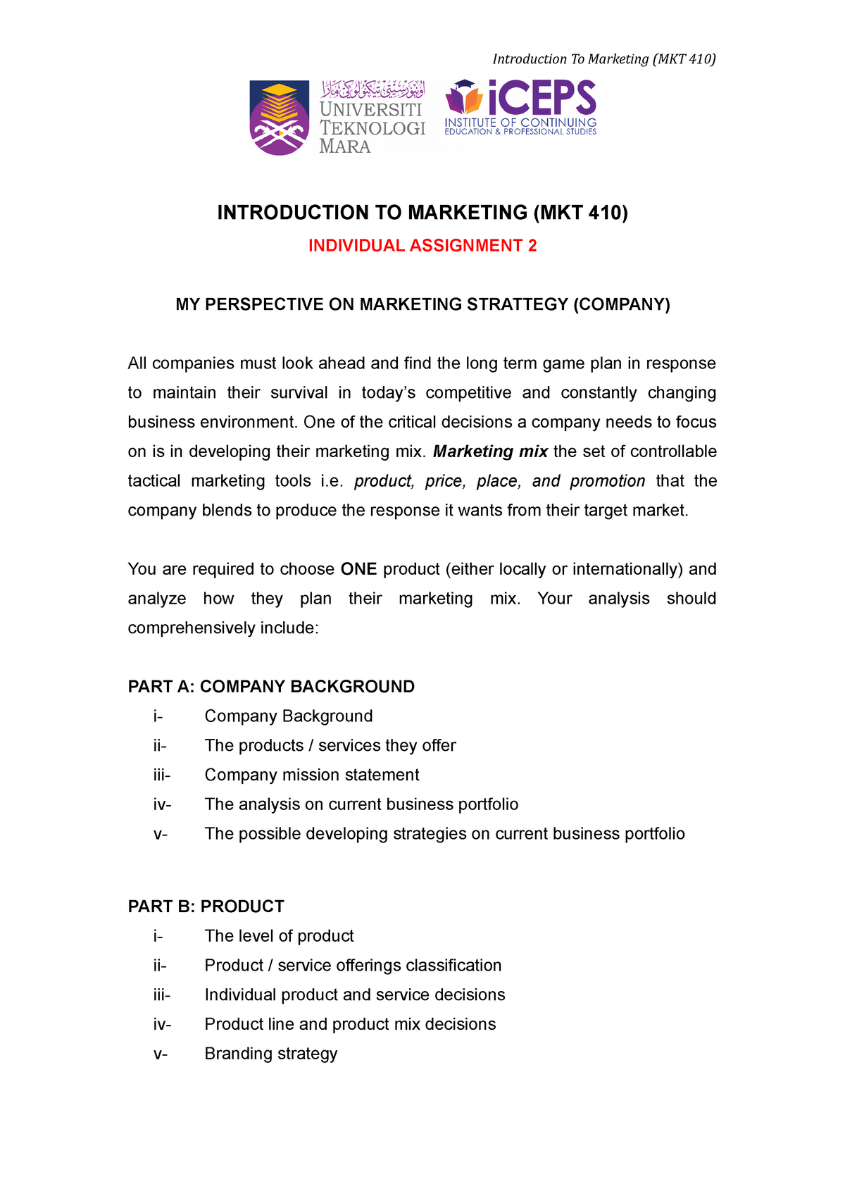 mkt 410 individual assignment marketing management orientation