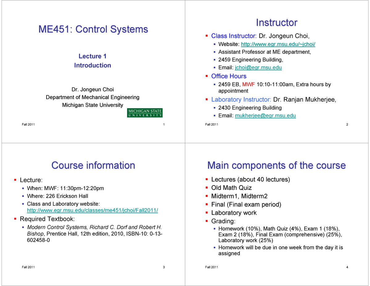 ME451 L1 Introduction 1111 - EE4303 - NUS - Studocu