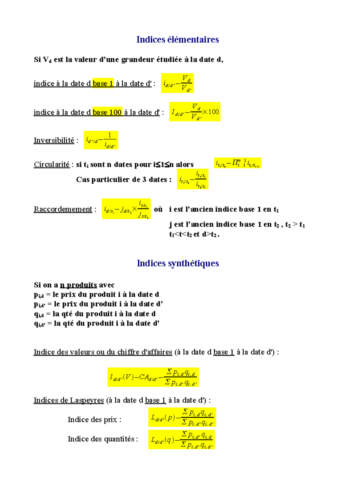 Formules 2Indices - Fiche Resumer - Indices élémentaires Si Vd Est La ...