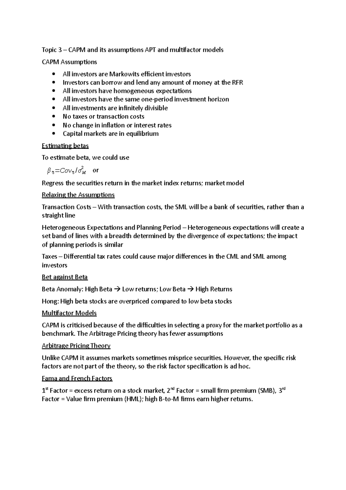 Topic 3 - Capm And Its Assumptions Apt And Multifactor Models - The 