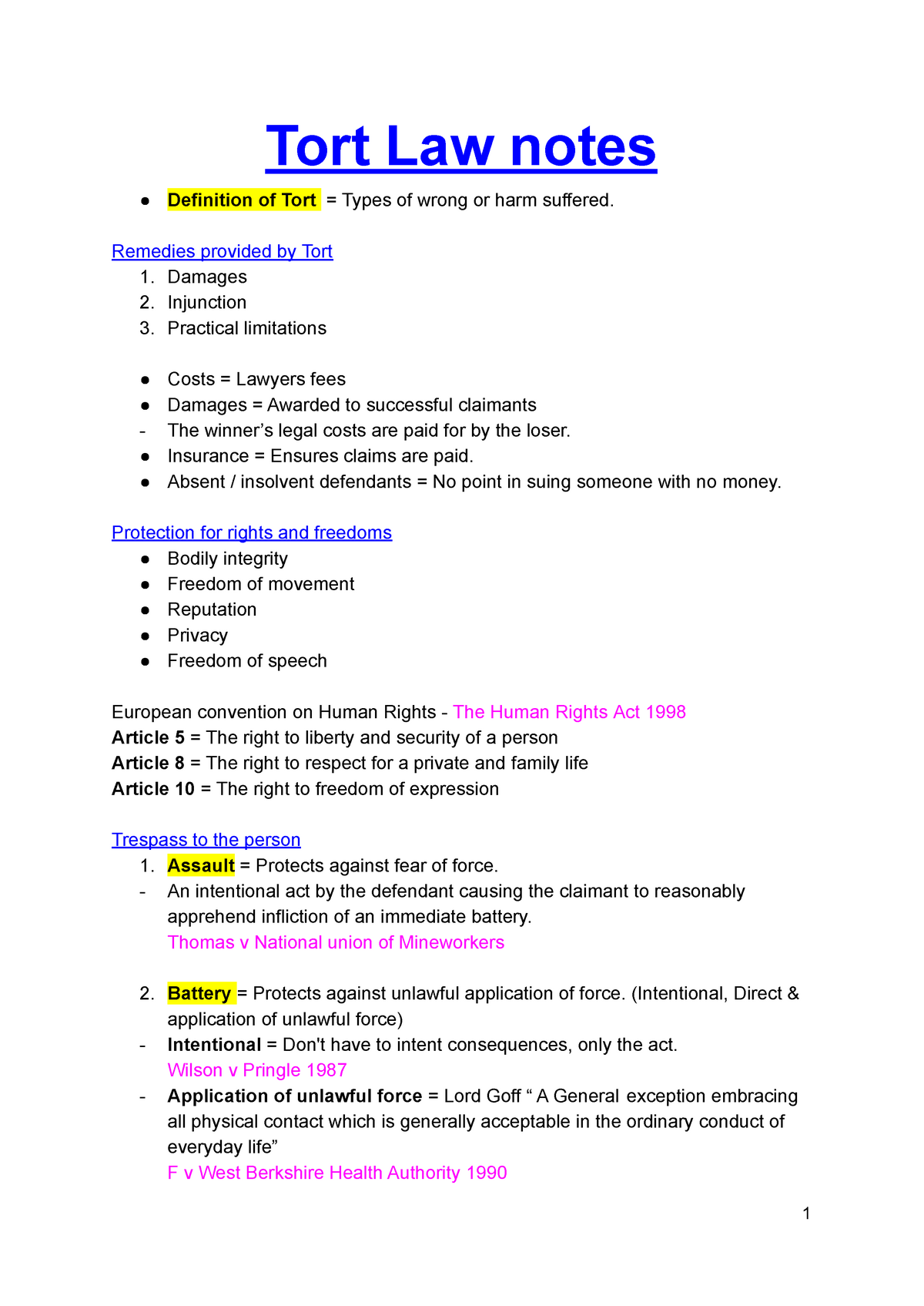 Tort Law Notes - Tort Law Notes Definition Of Tort = Types Of Wrong Or ...