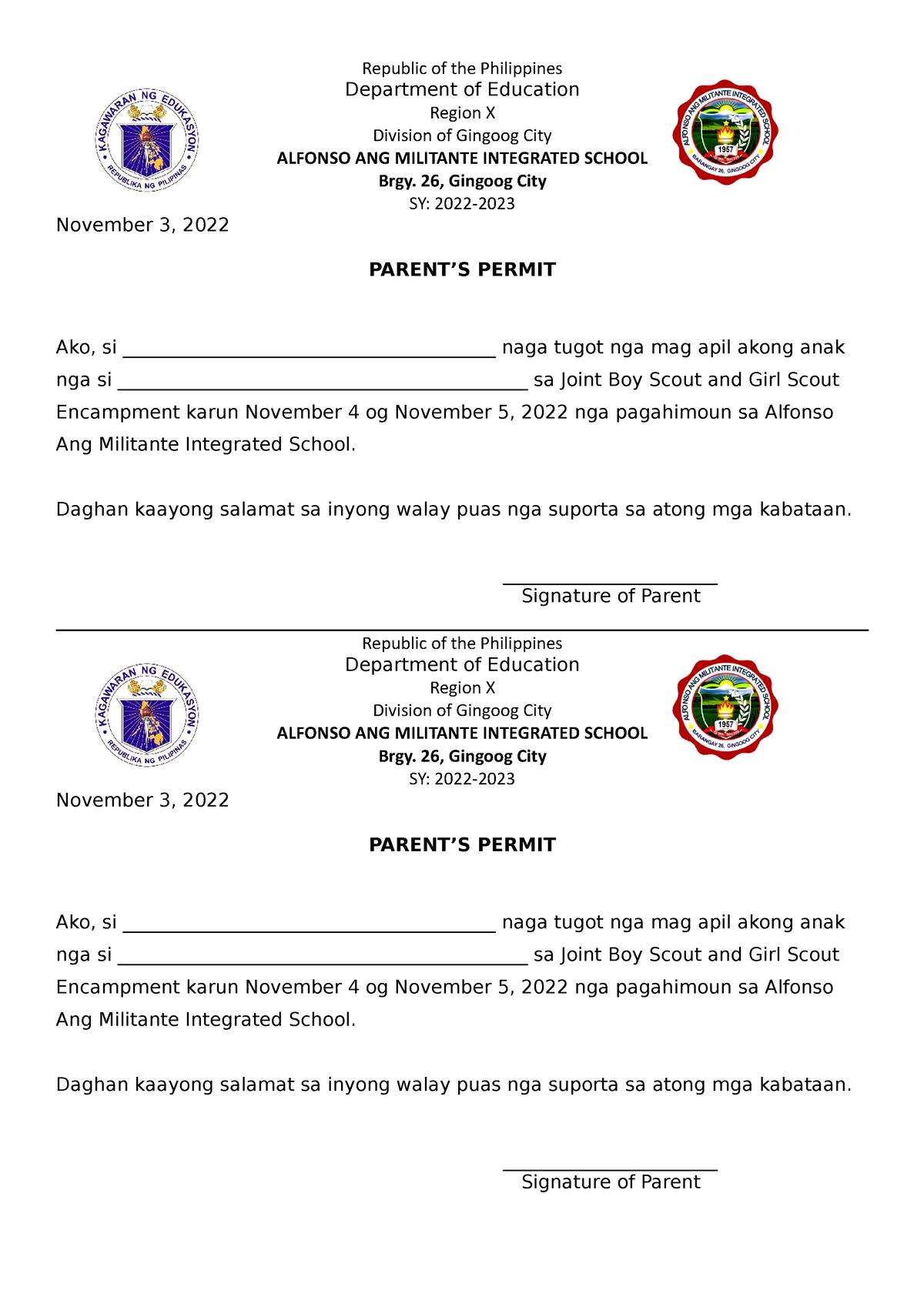 Parent's permit (bsp) - Republic of the Philippines Department of