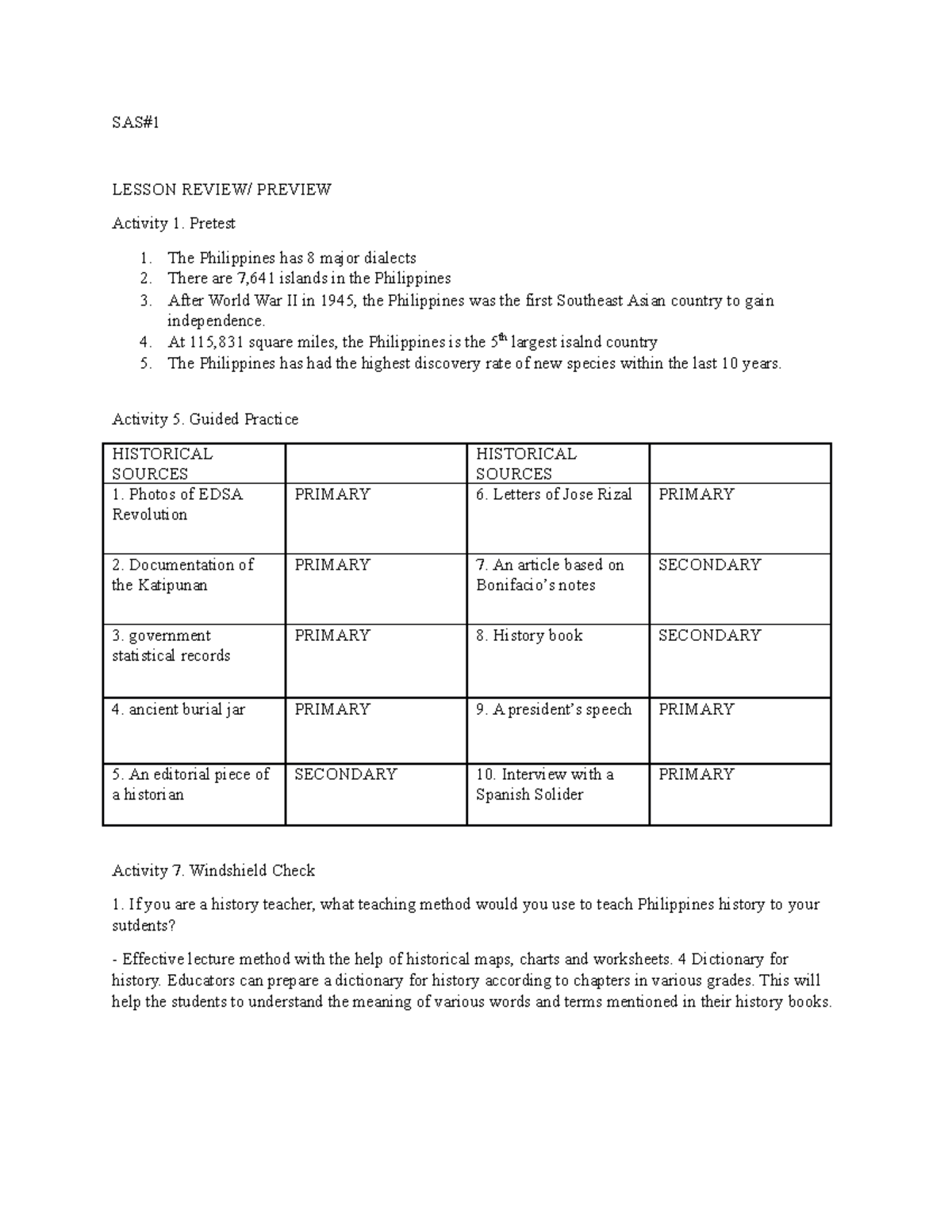 Sas 1 - activity - SAS# LESSON REVIEW/ PREVIEW Activity 1. Pretest The ...