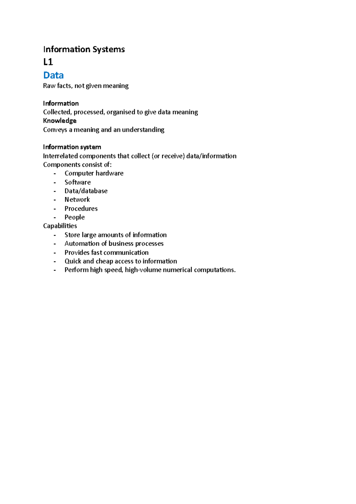 Intro to information systems - Information Systems L1 Data Raw facts ...