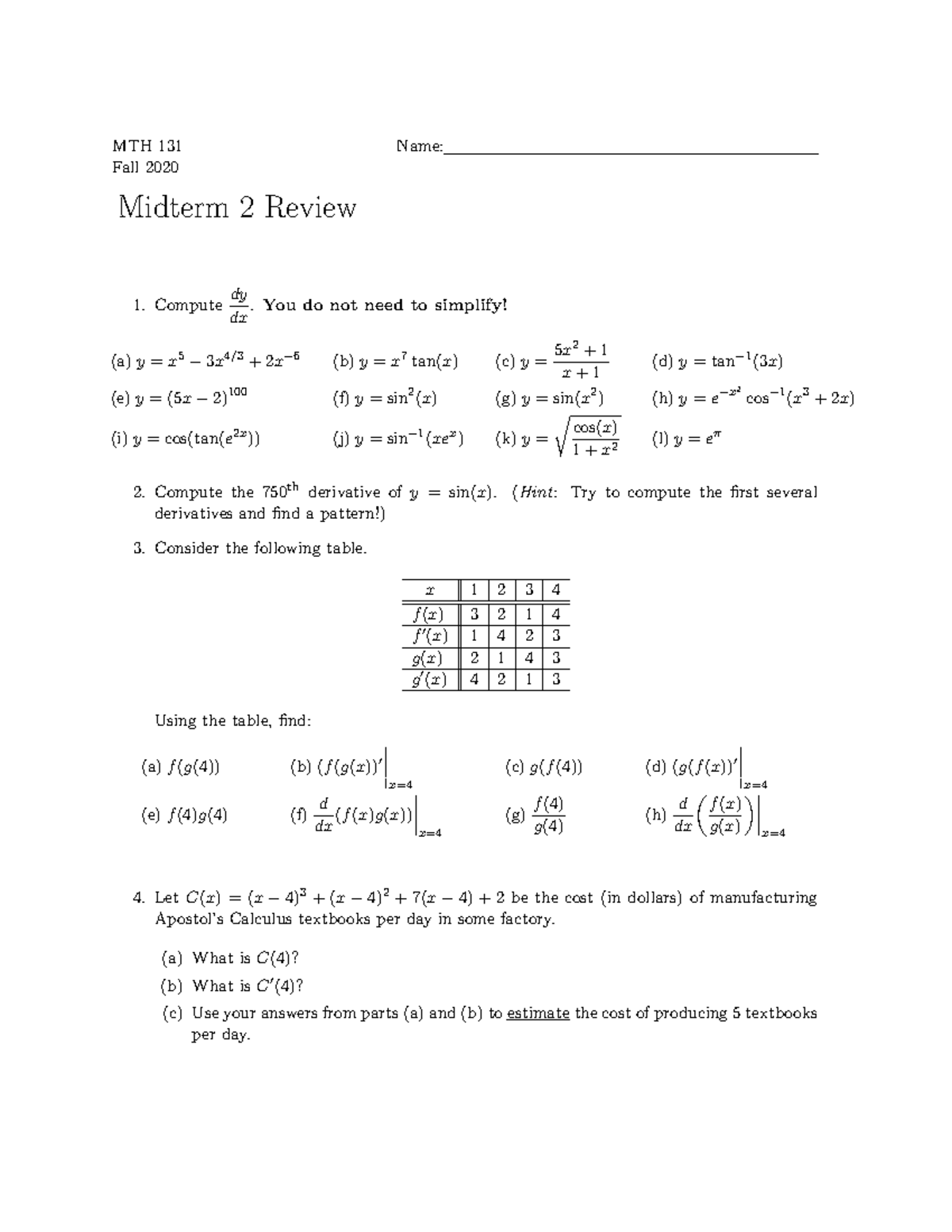 Midterm 2 practice questions - MTH 131 Name: Fall 2020 Midterm 2 Review ...