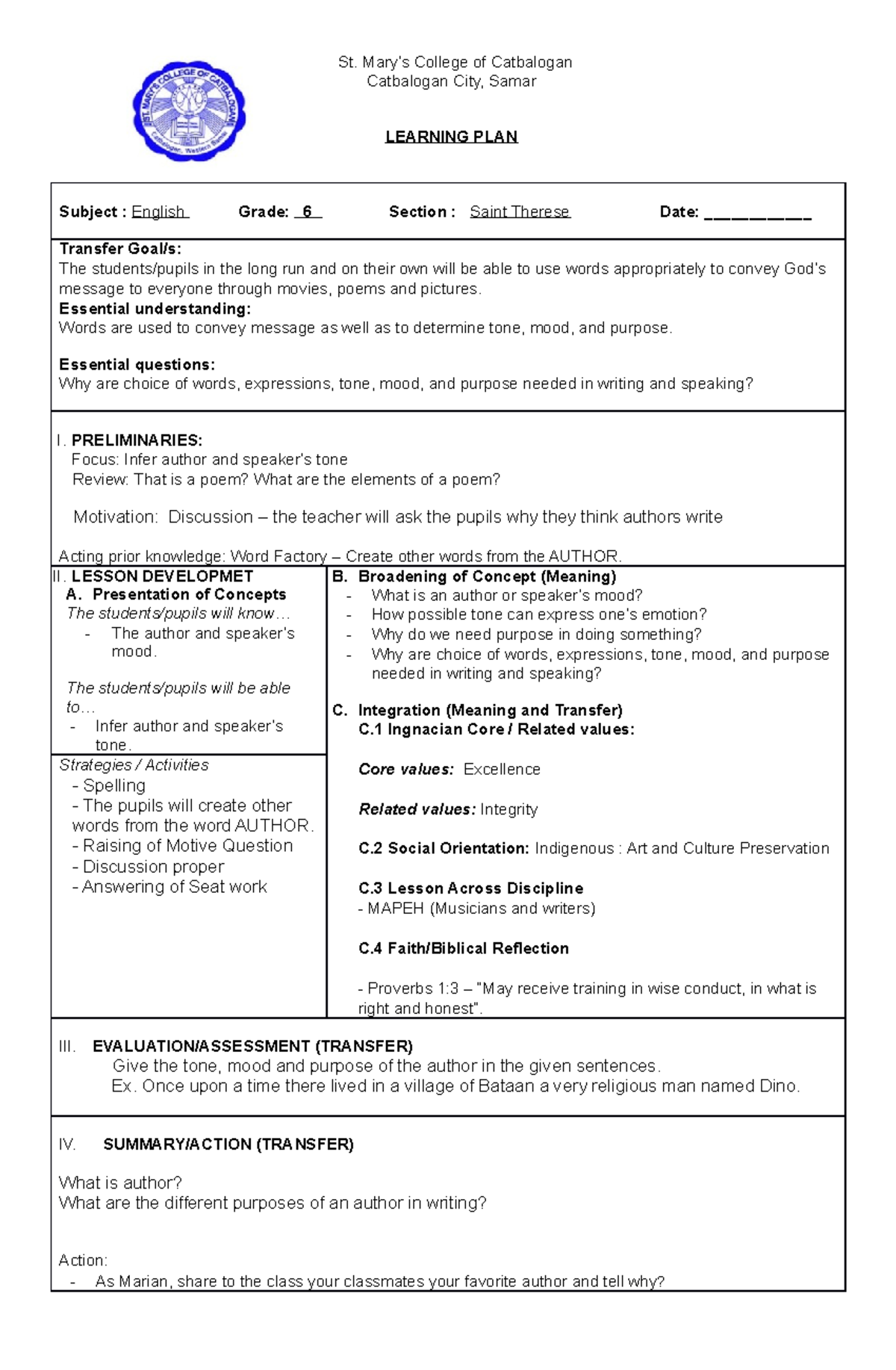 daily learning plan - St. Mary’s College of Catbalogan Catbalogan City ...