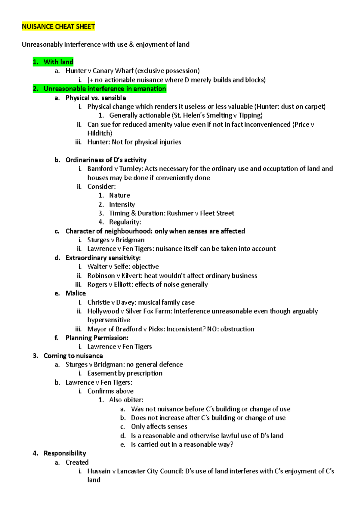 Nuisance Cheat Sheet ESSENTIAL CASES NUISANCE CHEAT SHEET