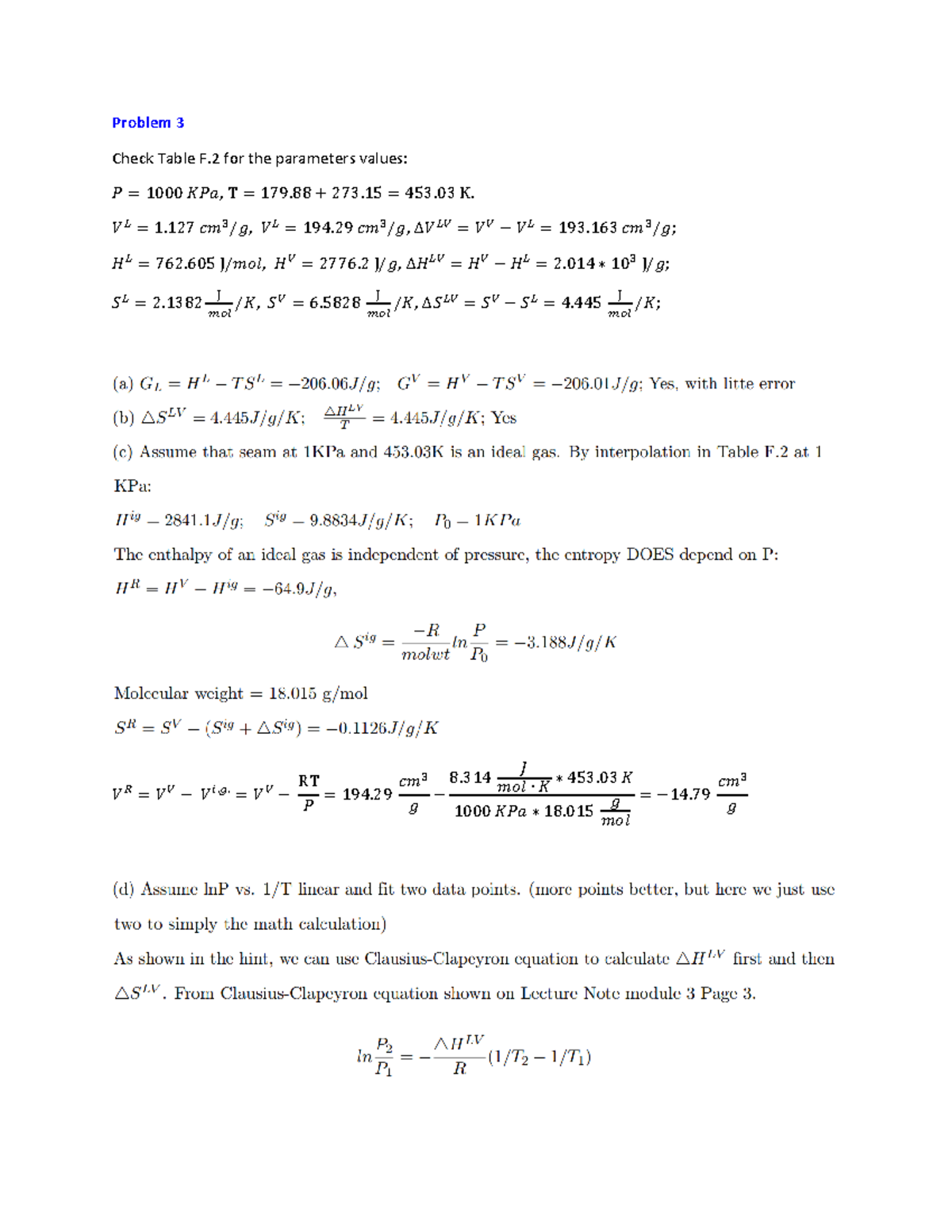 Ch E3D03 Assign 2b Sol - Problem 3 Check Table F for the parameters ...