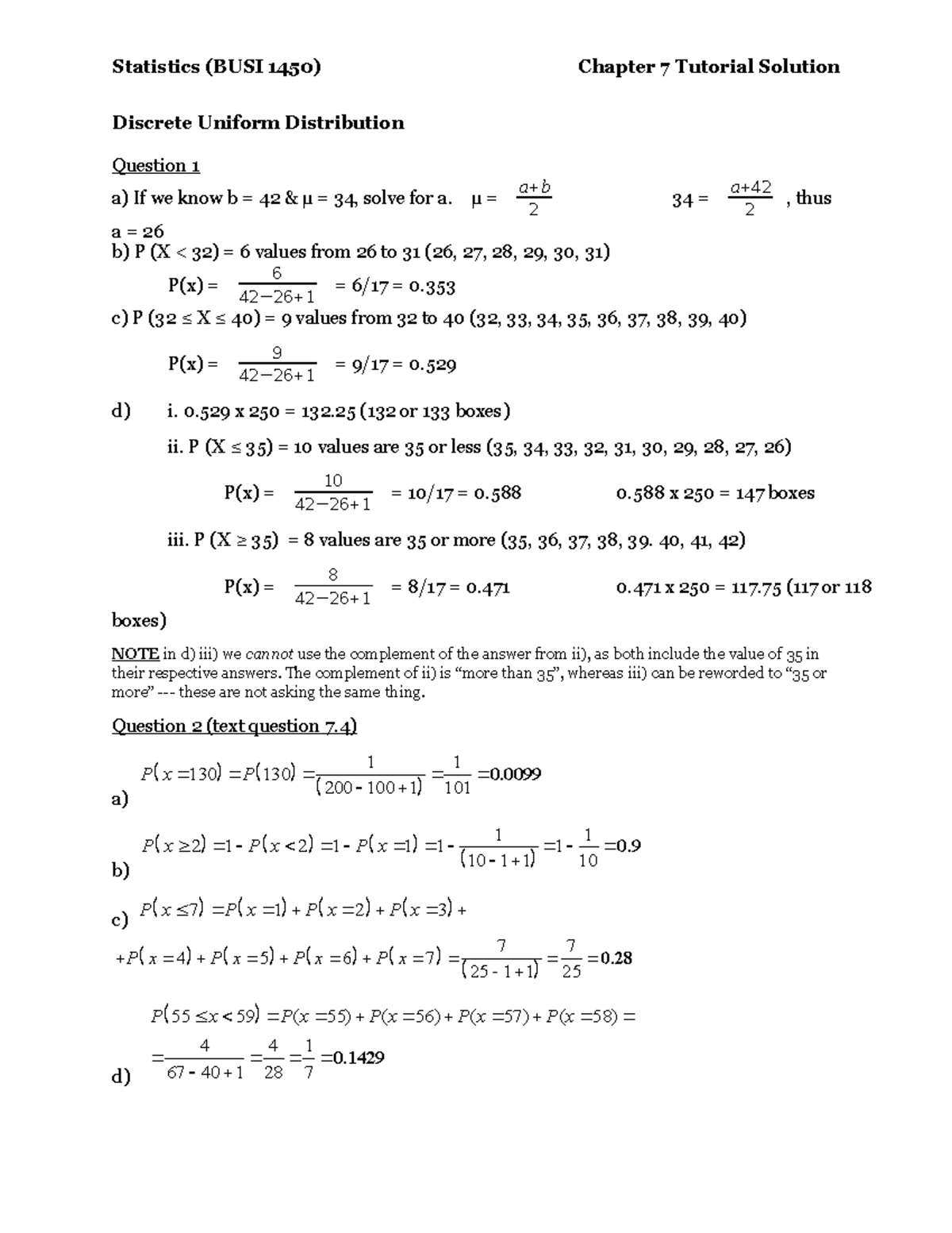 Chapter 7 Worksheet solution (so far) Discrete Uniform Distribution