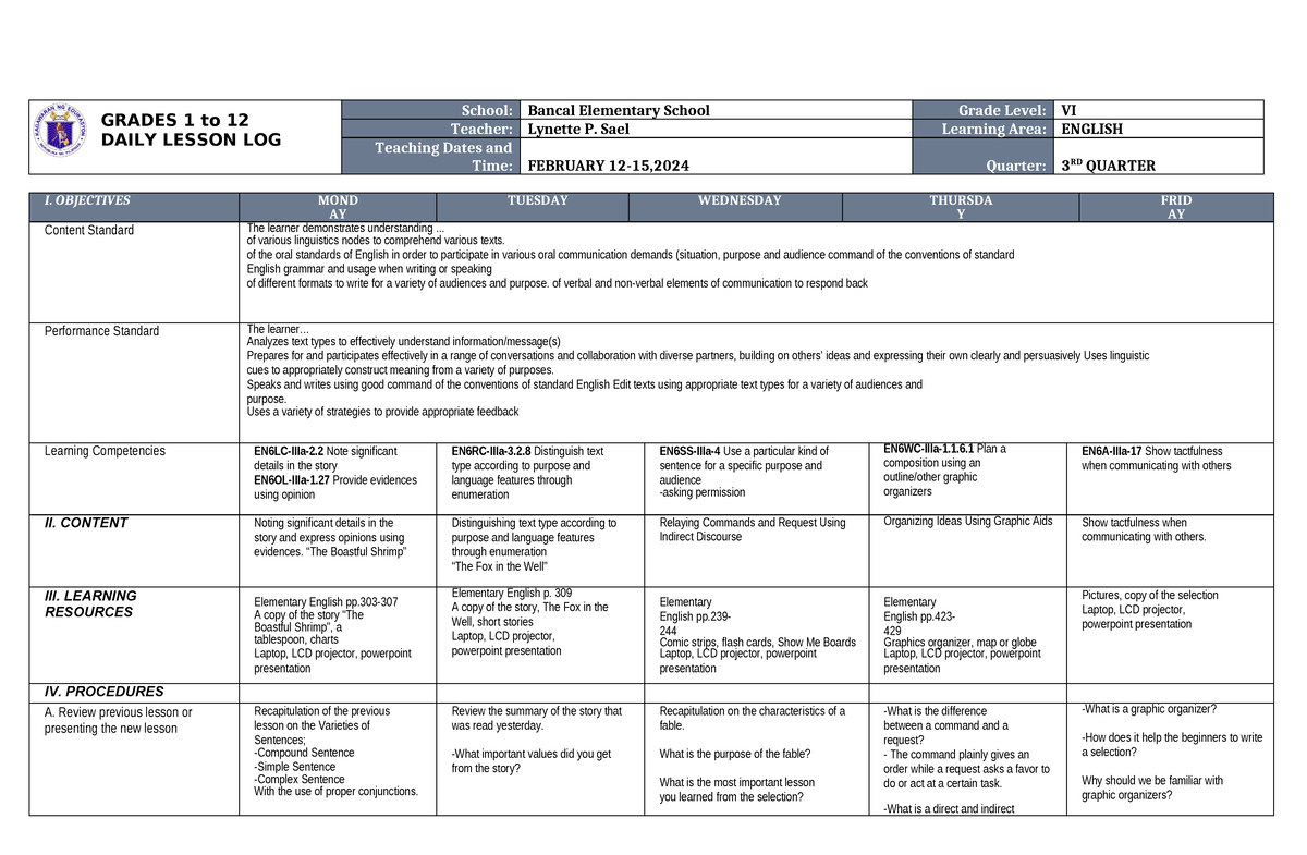 DLL English 6 Q3 W2 - GRADES 1 To 12 DAILY LESSON LOG School: Bancal ...