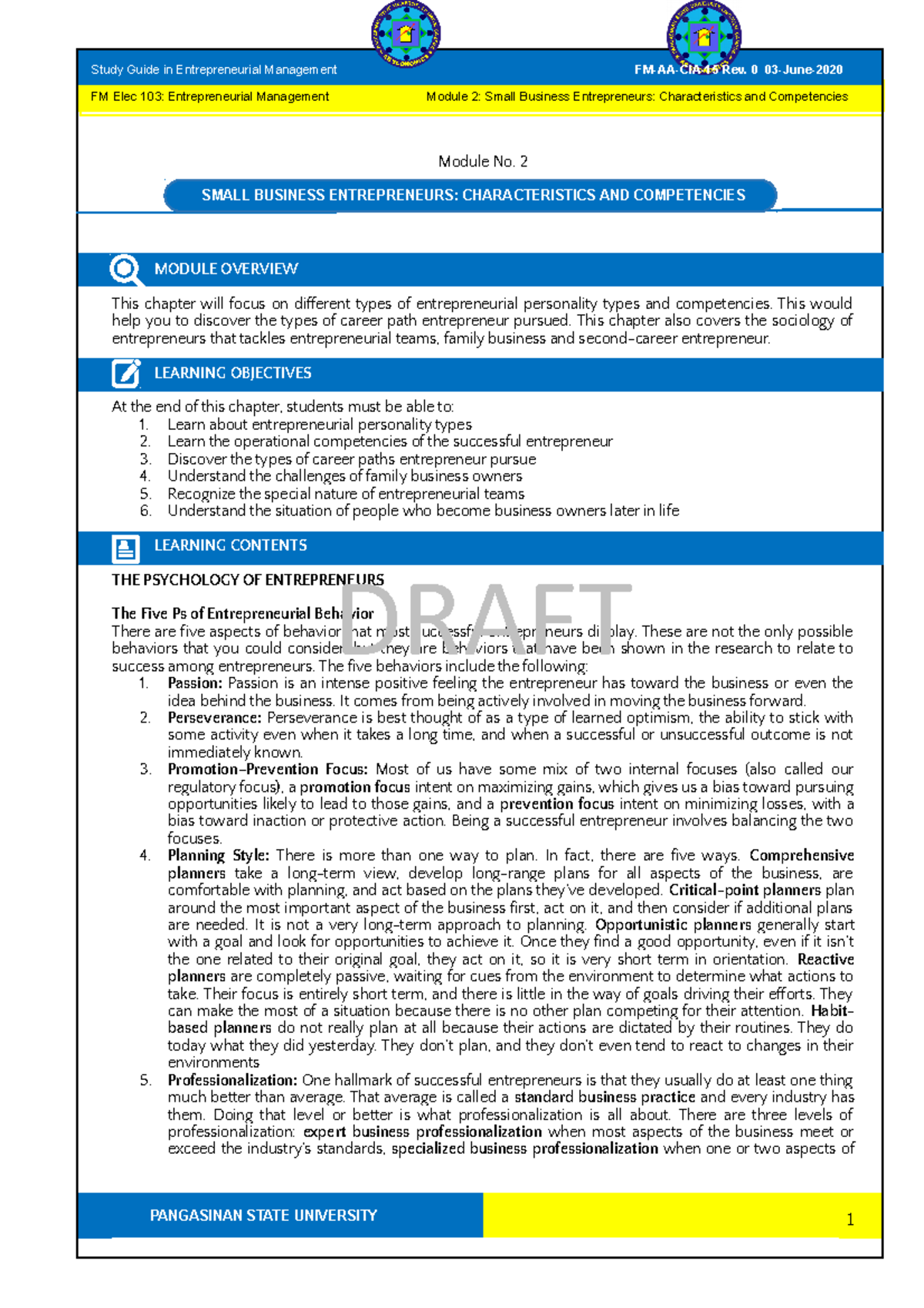 Study Guide 2 Entrep Management - Module No. 2 MODULE OVERVIEW This ...