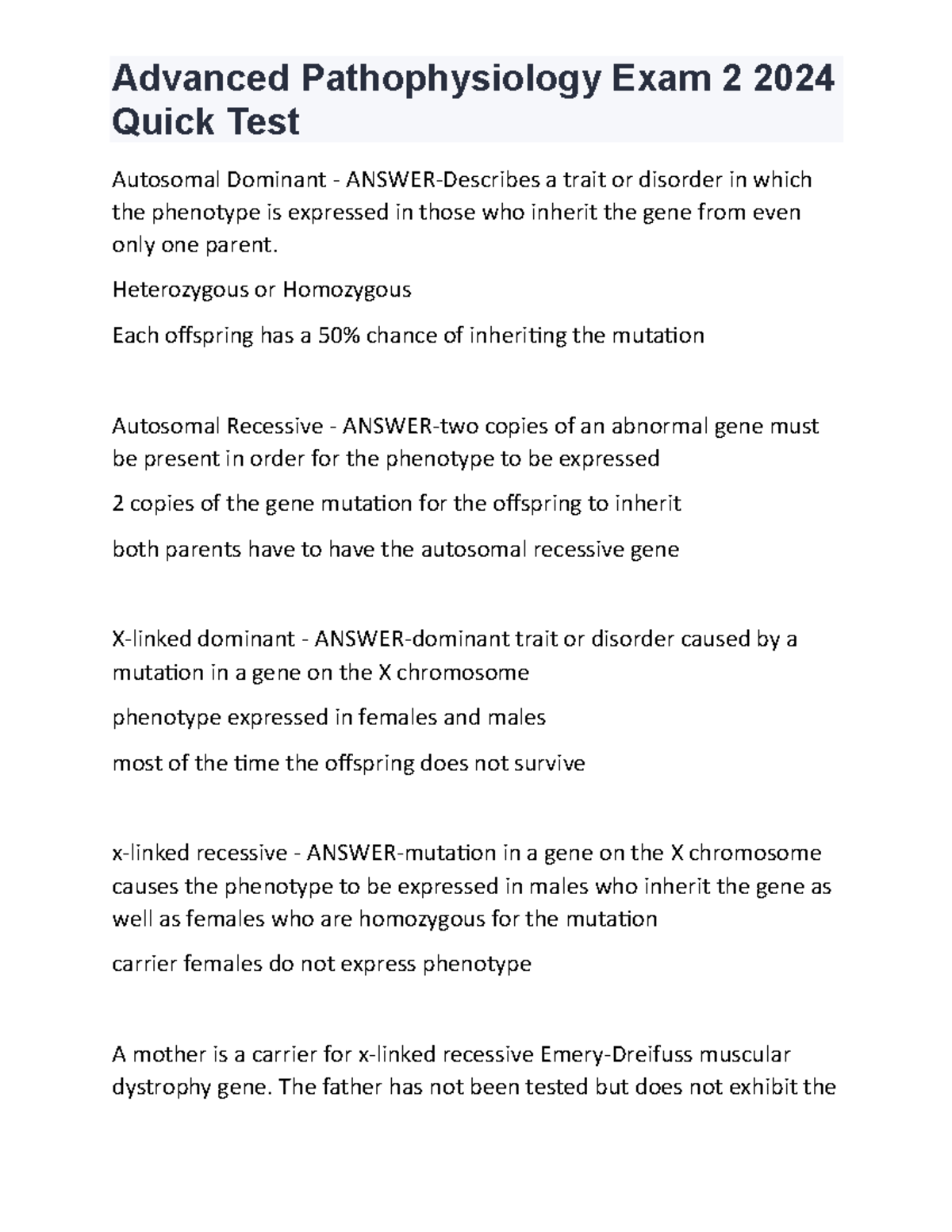 Advanced Pathophysiology Exam 2 - Quick Test Autosomal Dominant ...