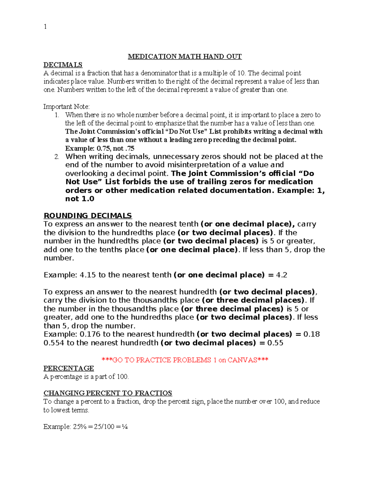 Medication MATH HAND OUT - MEDICATION MATH HAND OUT DECIMALS A decimal ...