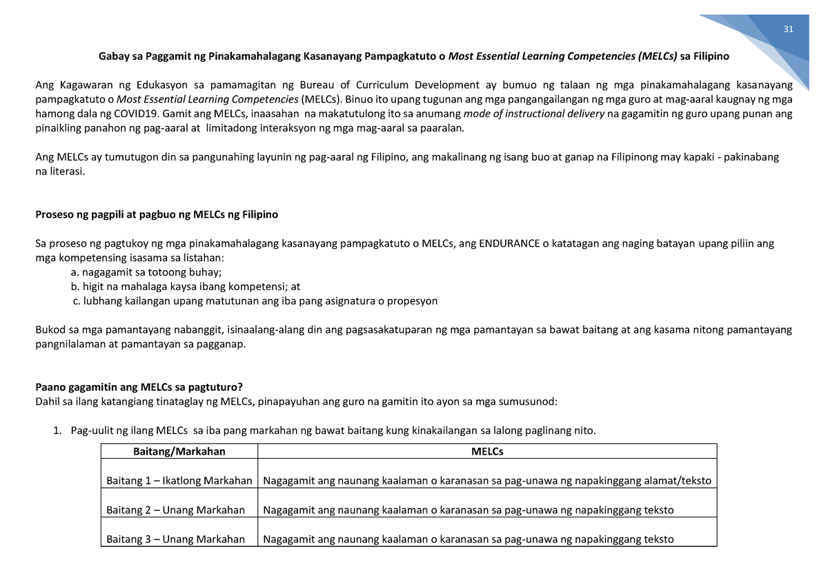 Teachers Guide For Teachers In Using The MELCs In Filipino - 31 Gabay ...