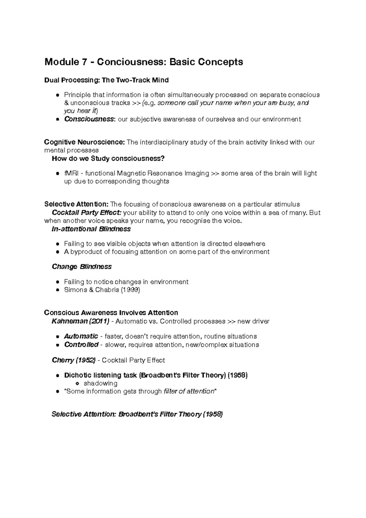 Module 7 - Lecture notes 6 - Module 7 - Conciousness: Basic Concepts ...