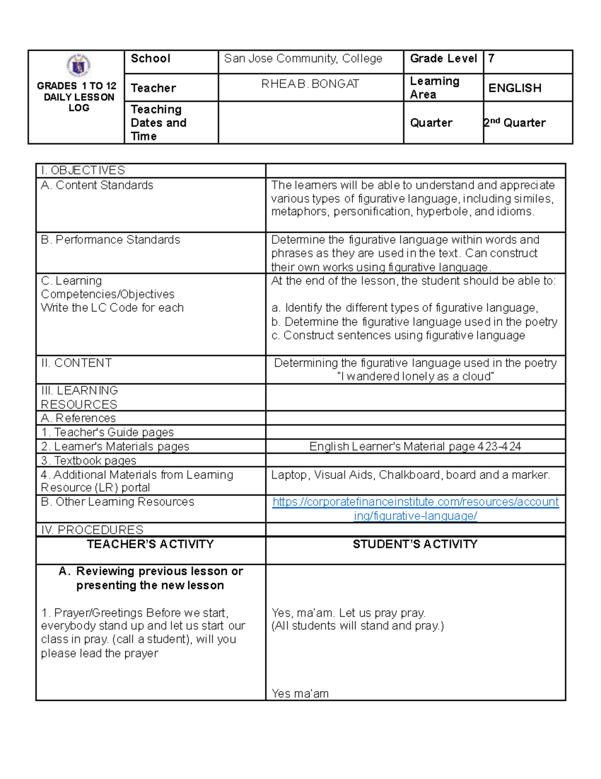 DLP MC Allied 2 RHEA Bongat BSED ENG 3A - GRADES 1 TO 12 DAILY LESSON ...