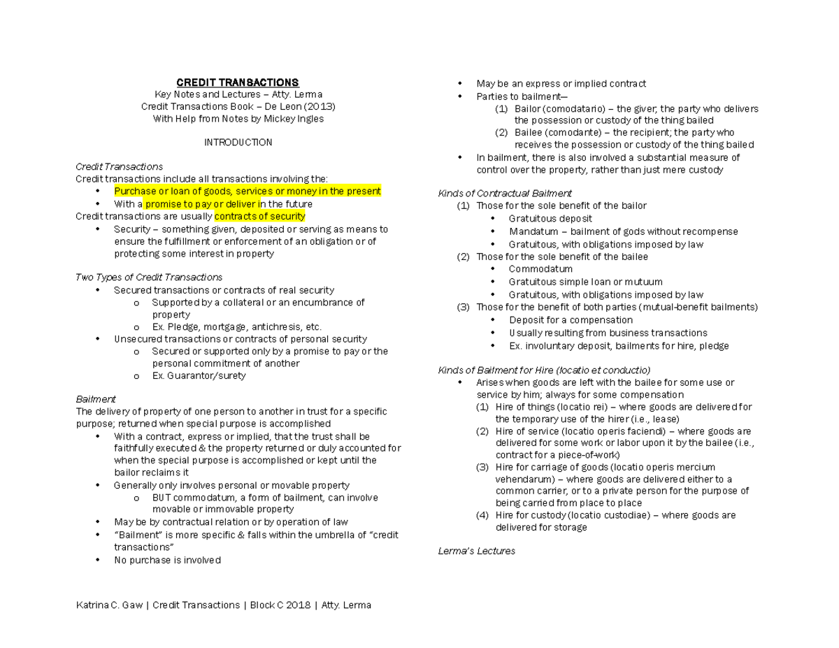 Credit-Transactions-Reviewer - CREDIT TRANSACTIONS Key Notes And ...