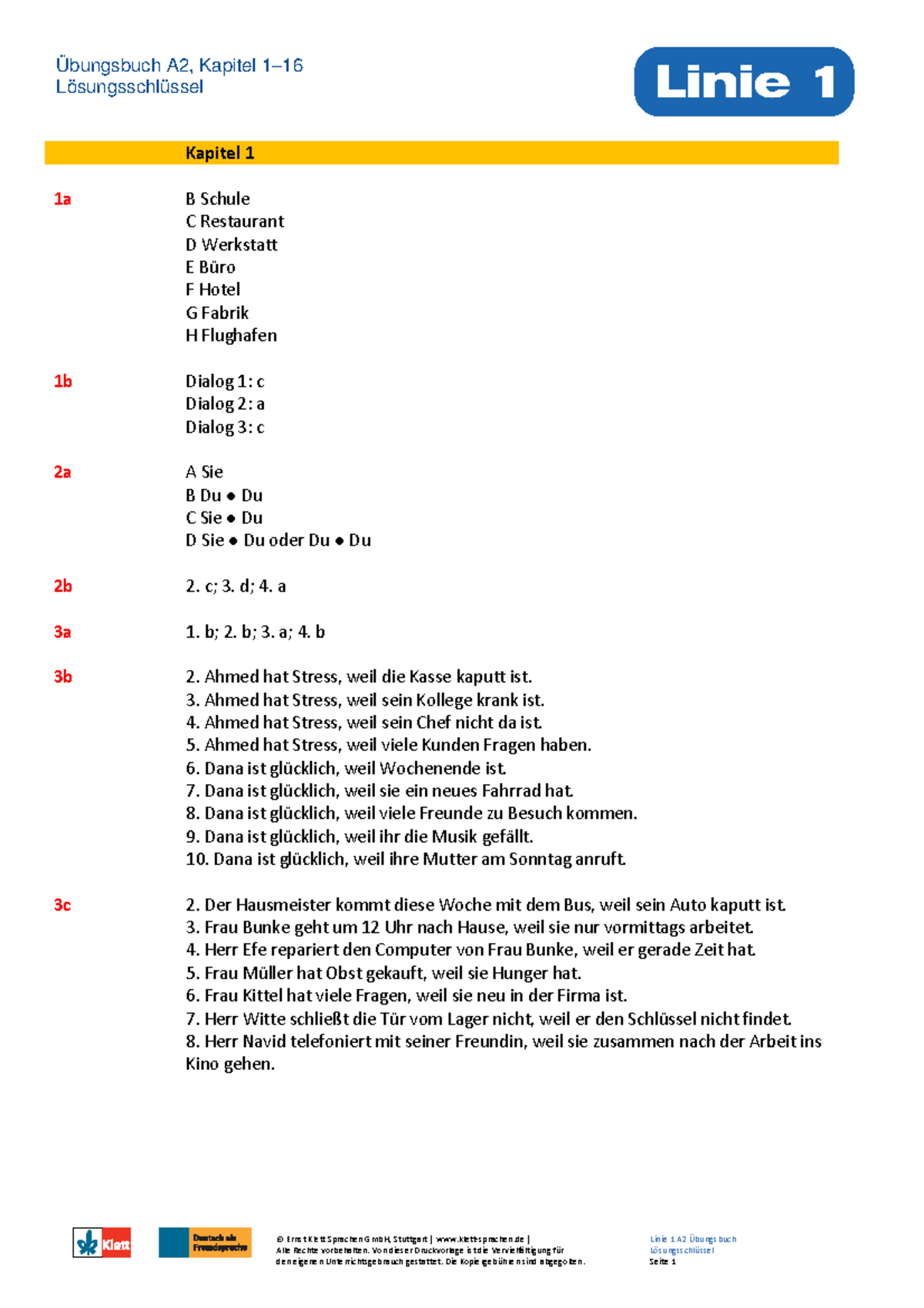 Linie 1 A2 Ue B Loesungen Lösungsschlüssel © Ernst Klett Sprachen GmbH, Stuttgart klett