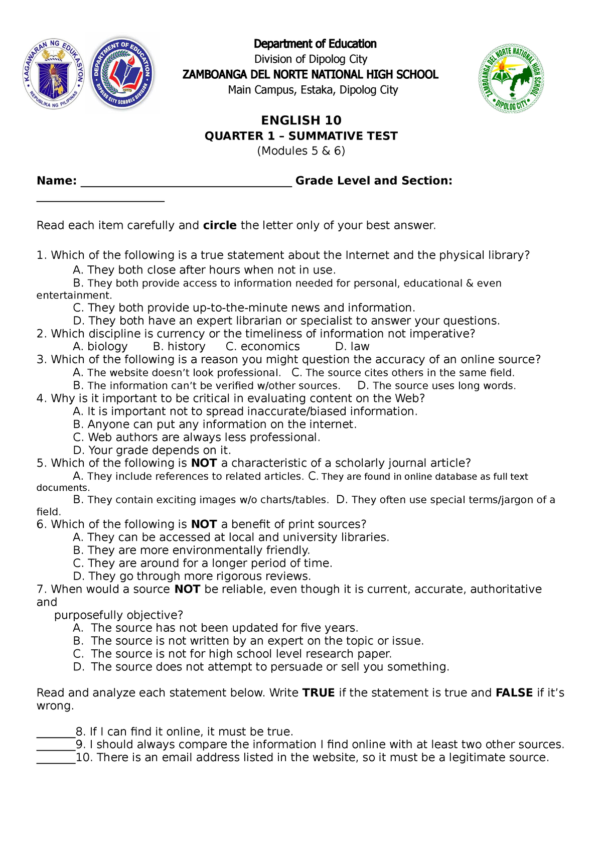 10 Summative TEST Q1 Modules 5 6 1 1 - Department Of Education Division ...