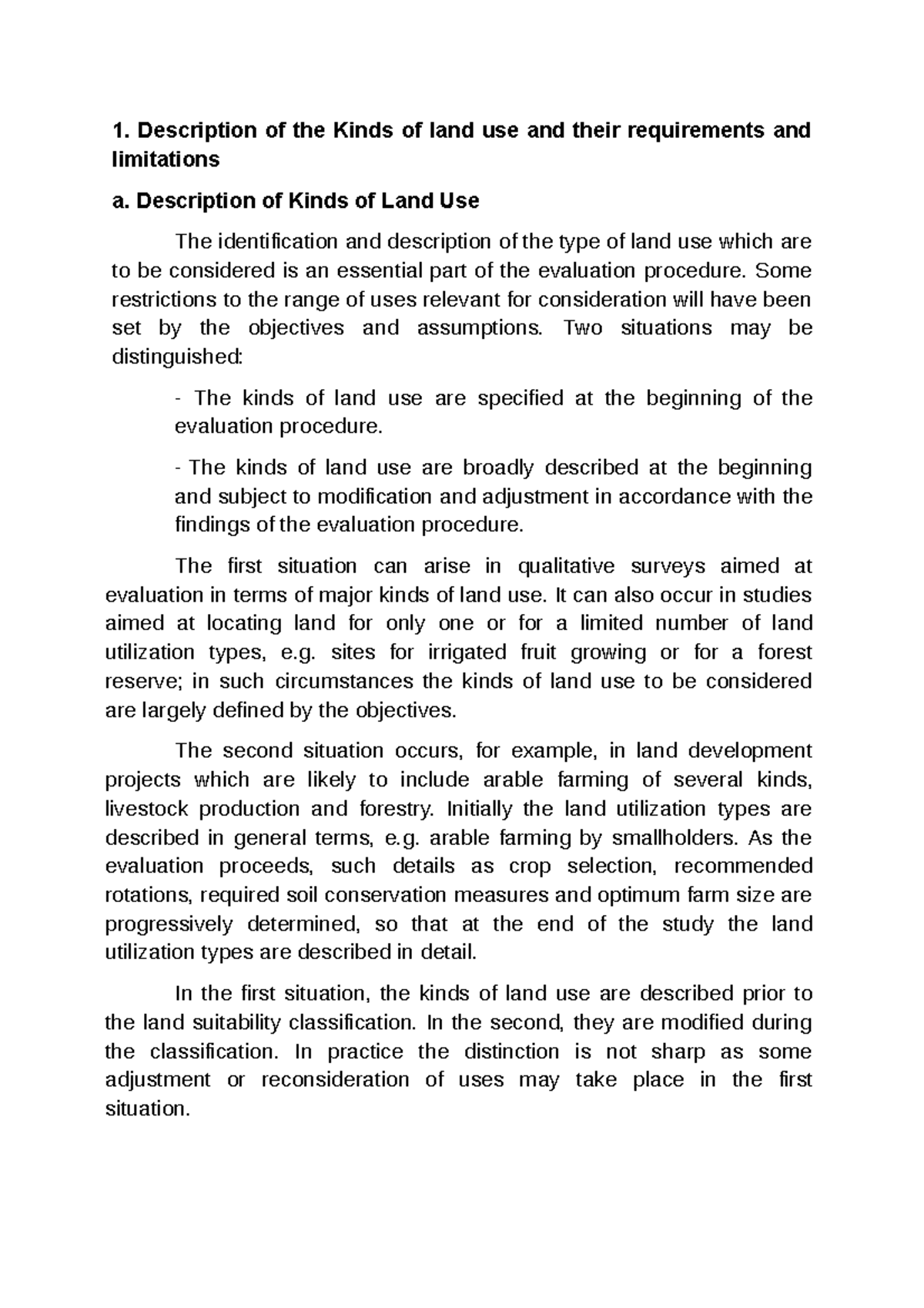 Description of the Kinds of land use and their requirements and ...