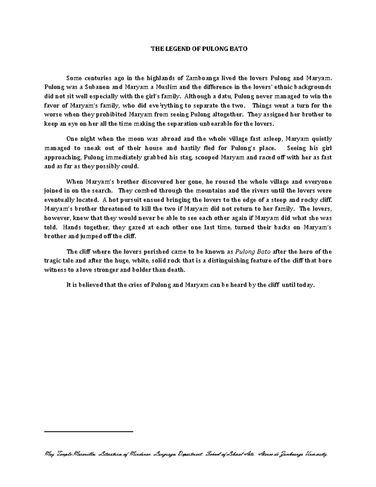 The Legend of Pulong Bato 2 May TempleMaravilles. Literatures of