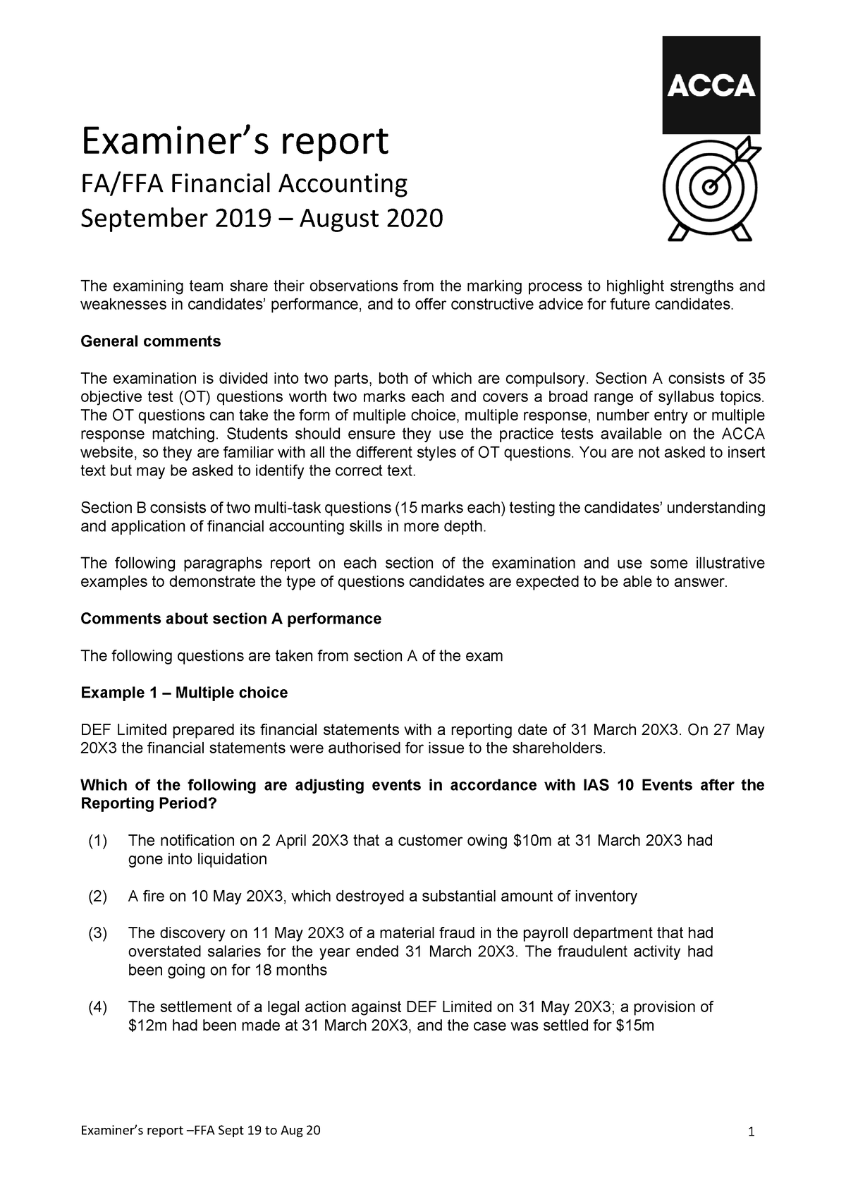 FFA Examiners Report Spet19-aug20 CIT ACCA ACBD Xyz 2018 -2030 Acca F7 ...