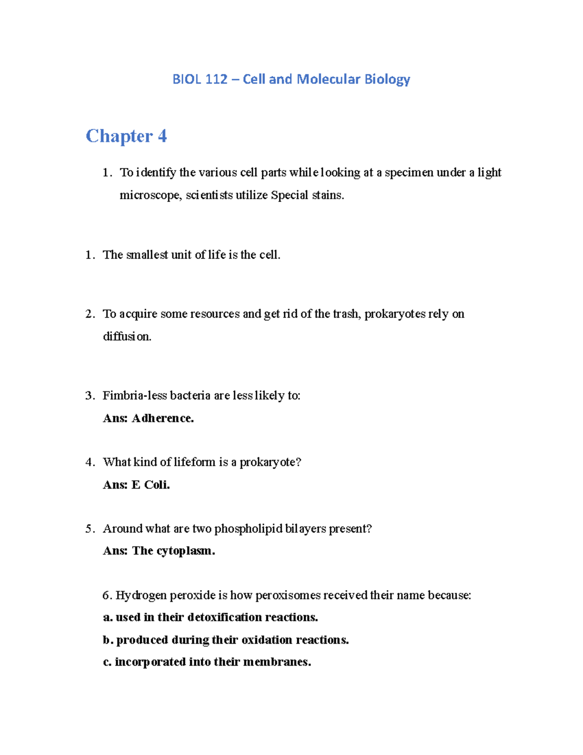 Biology I - Cell And Molecular Biology Chapter 4 - BIOL 112 – Cell and ...