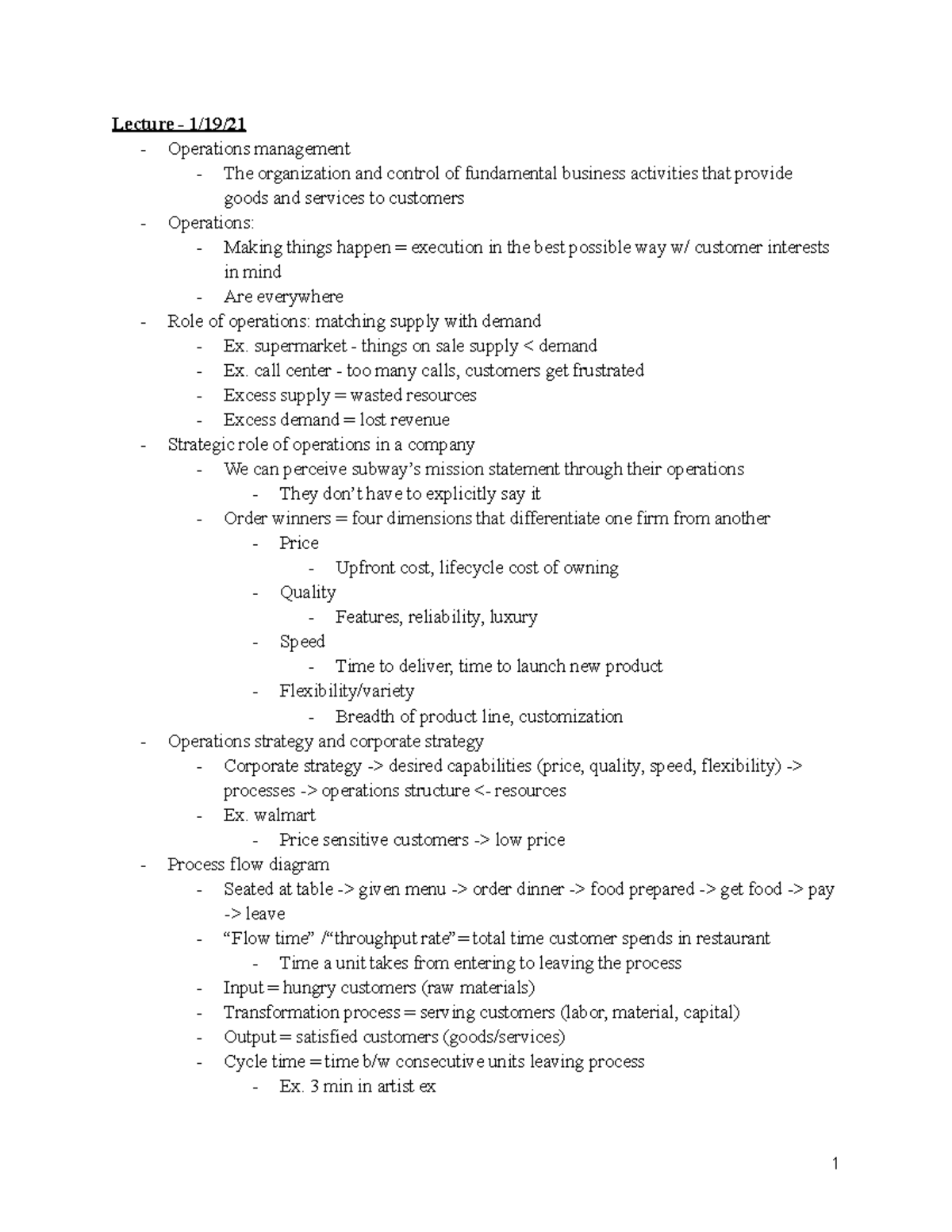 TO 302 lecture notes - Lecture - 1/19/ - Operations management - The ...