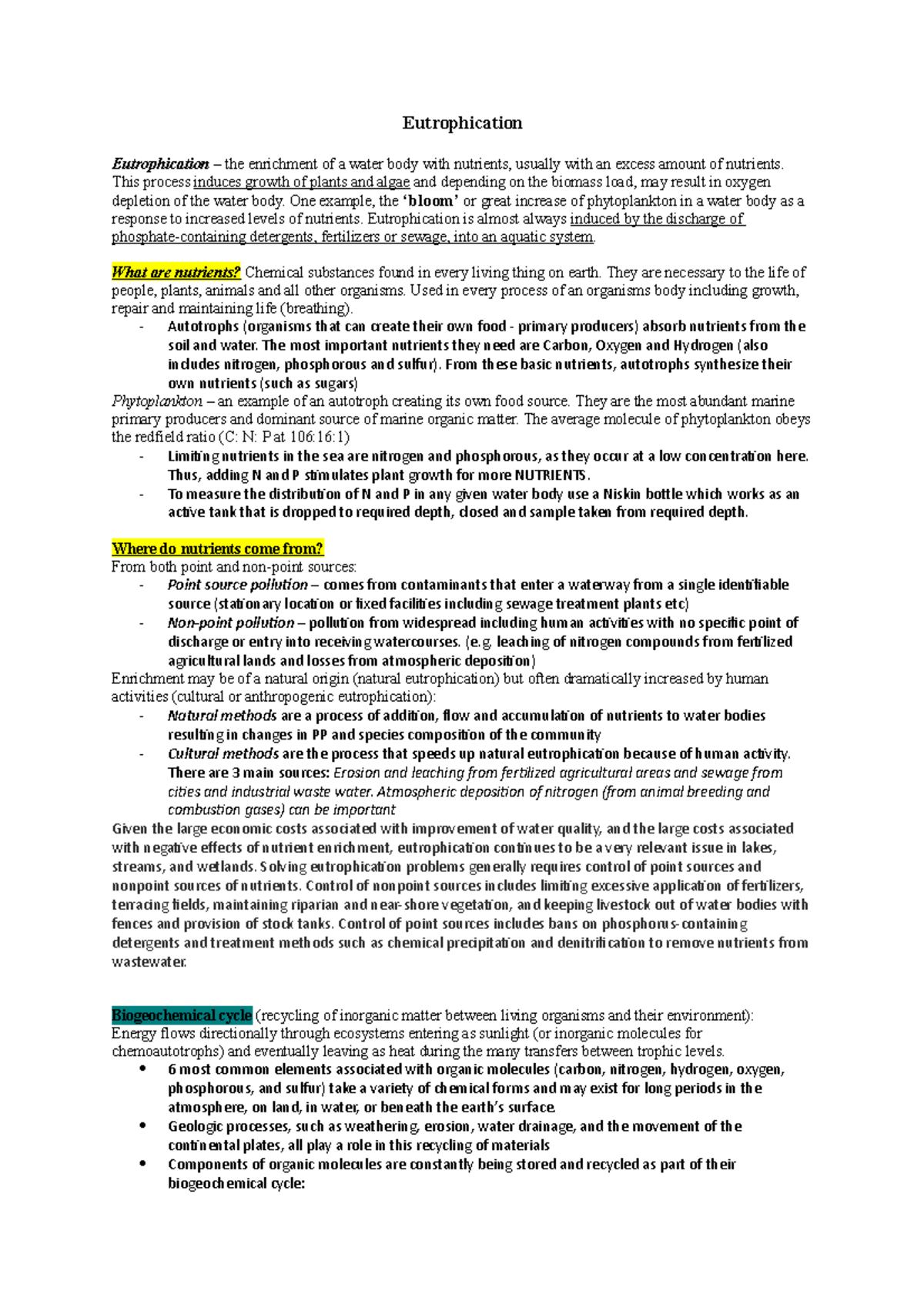 Eutrophication Notes - Eutrophication Eutrophication – the enrichment ...