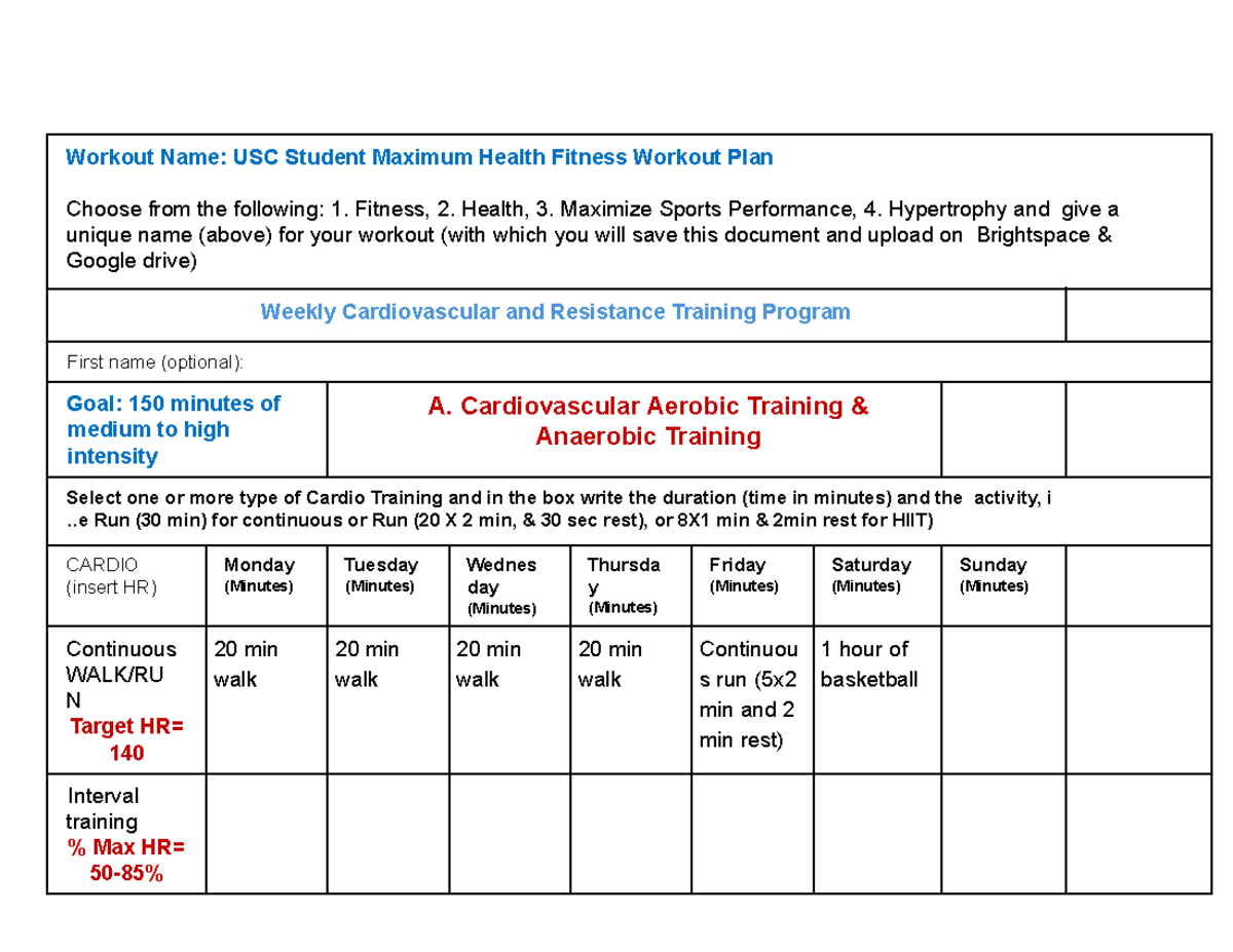 Personal Plan (weekly) for Cardiovascular and Resistance Training ...