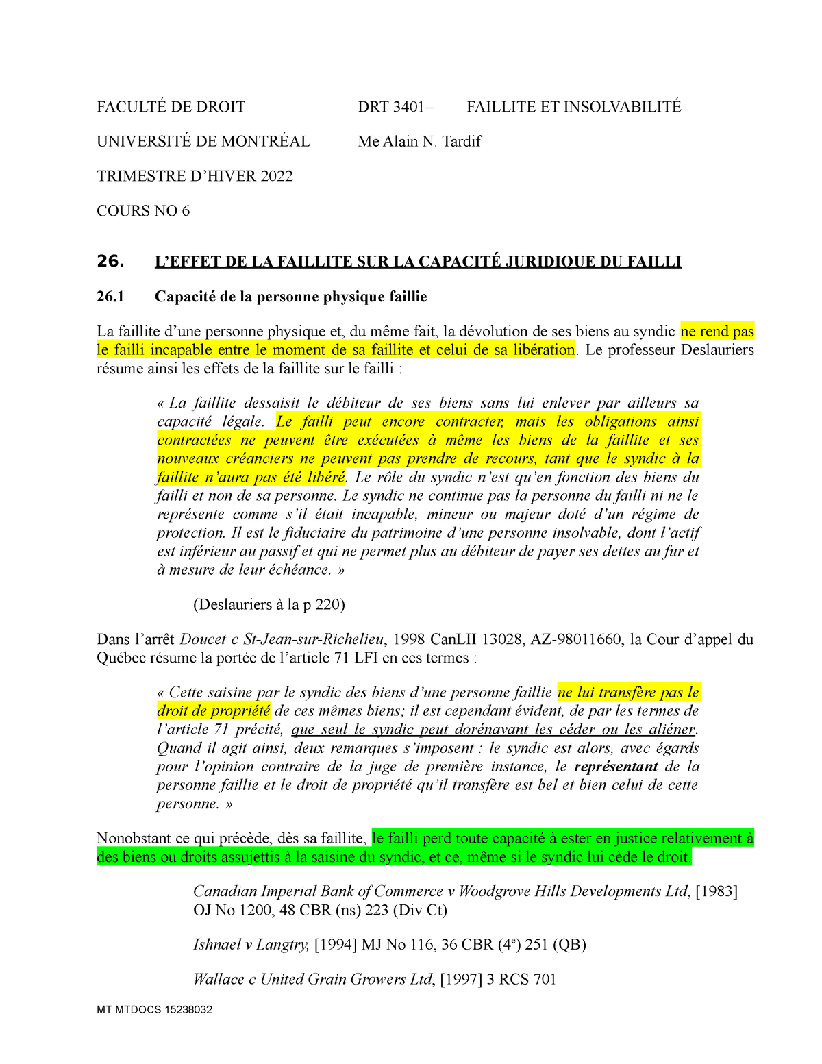 A) Cours 6 - Les Effets De La Faillite(43934496.1) - FACULTÉ DE DROIT ...