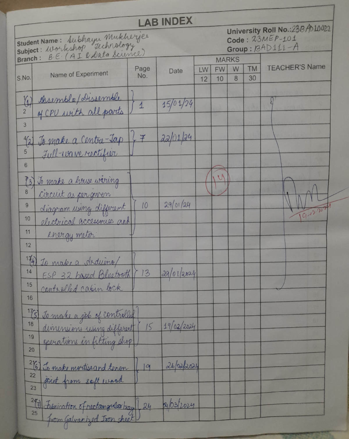 Workshop Prac File 2024 - LAB INDEX Student Name Subhayu mukherjee ...