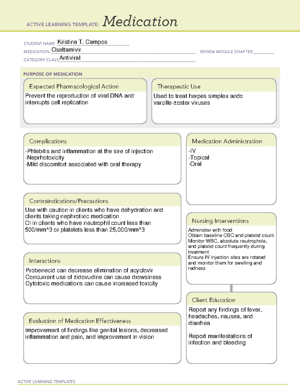 Oseltamivir - med - ACTIVE LEARNING TEMPLATES Medication STUDENT NAME ...