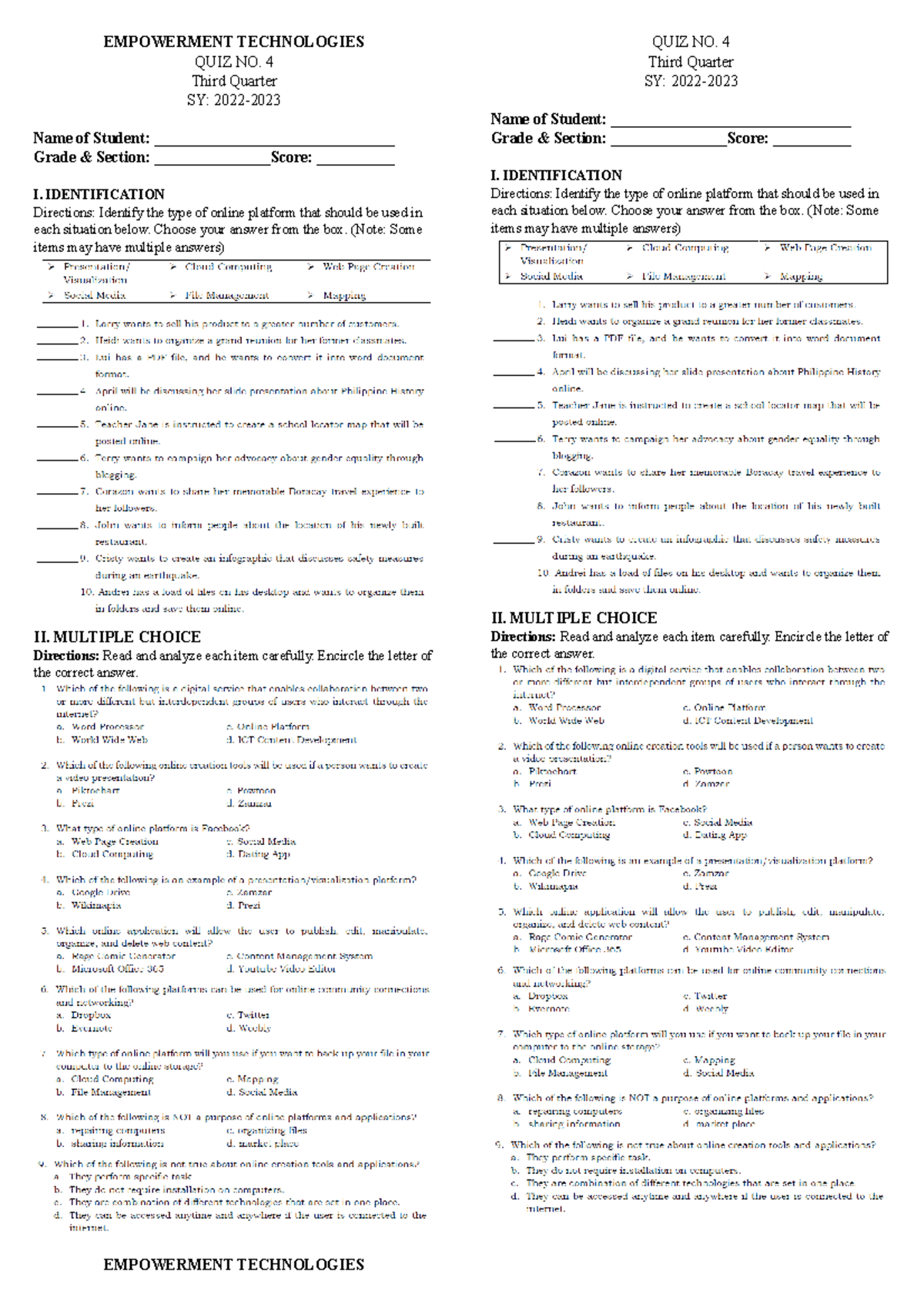 Empowerment Technologies- QUIZ NO 4 - EMPOWERMENT TECHNOLOGIES QUIZ NO ...