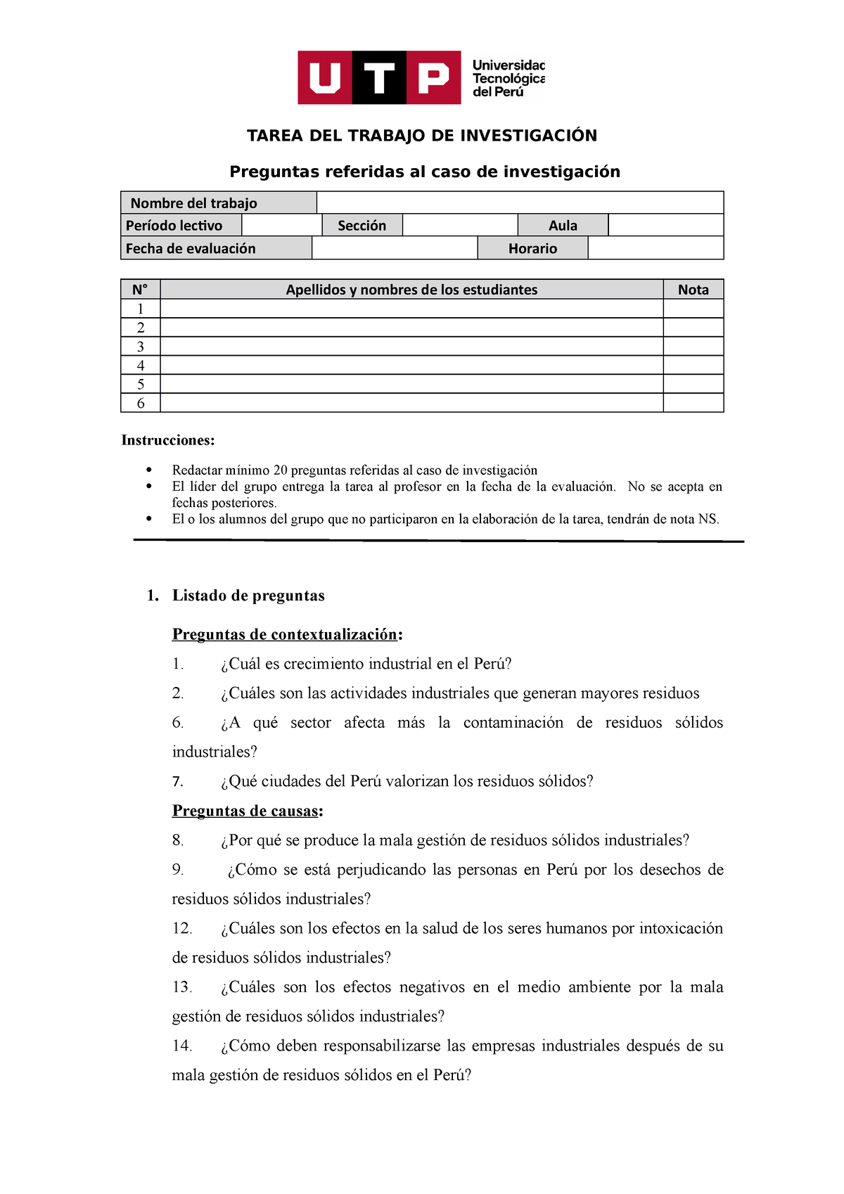 20 Preguntas De Investigación - TAREA DEL TRABAJO DE INVESTIGACIÓN ...