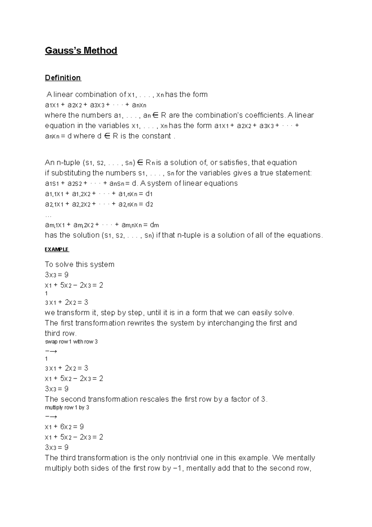 Gauss Theorem - Gauss’s Method Definition A linear combination of x 1 ...