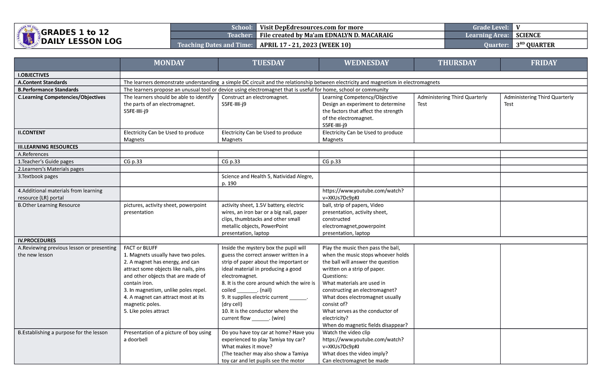 DLL Science 5 Q3 W10 - GRADES 1 to 12 DAILY LESSON LOG School: Visit ...