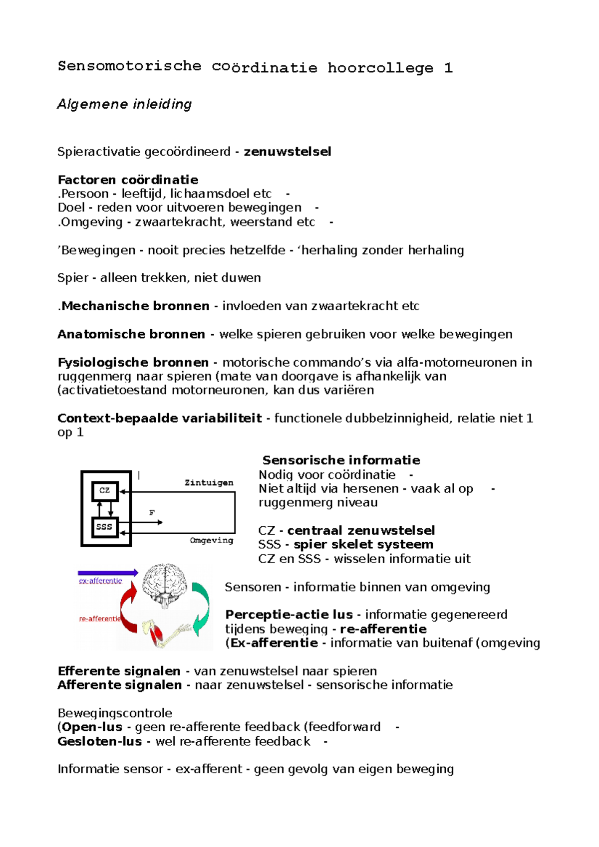 SMC Hoorcollege 1 - Sensomotorische Coördinatie Hoorcollege 1 Algemene ...