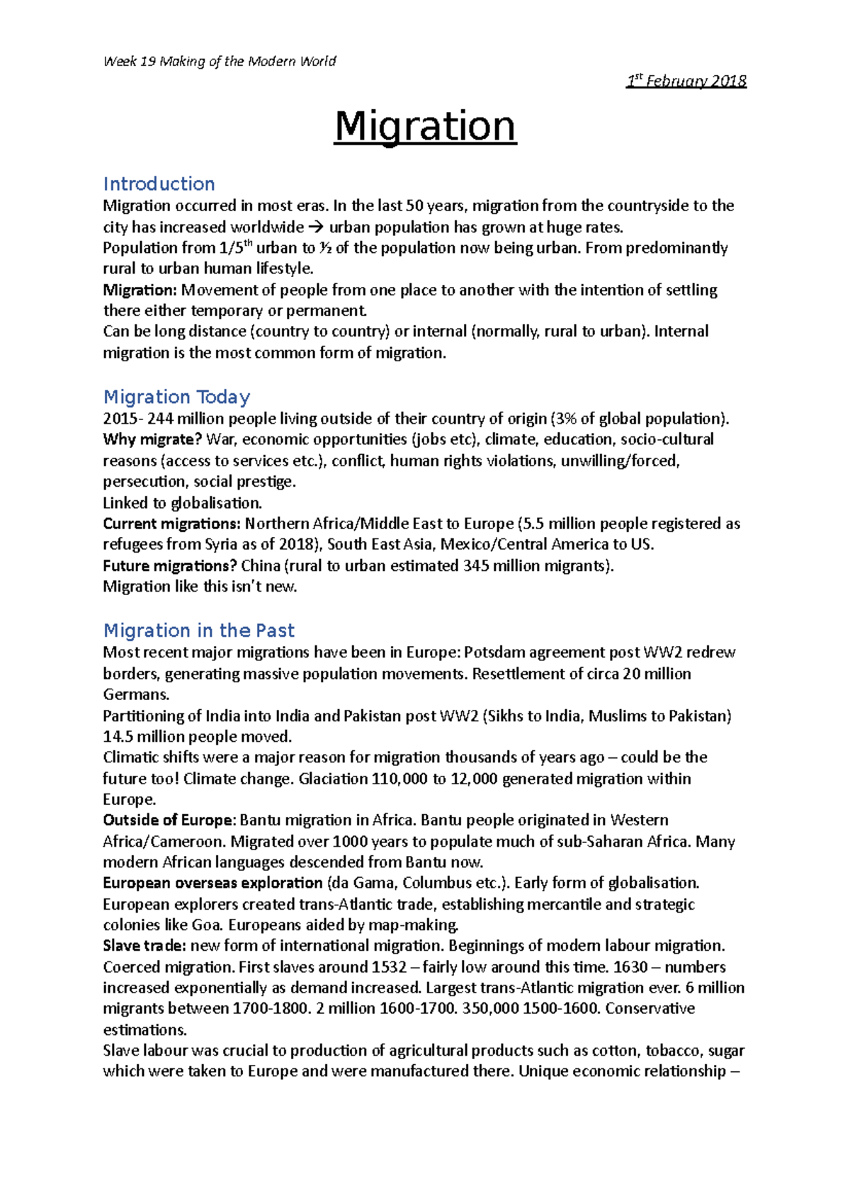 Global Migration - Week 19 Making of the Modern World 1st February 2018 ...