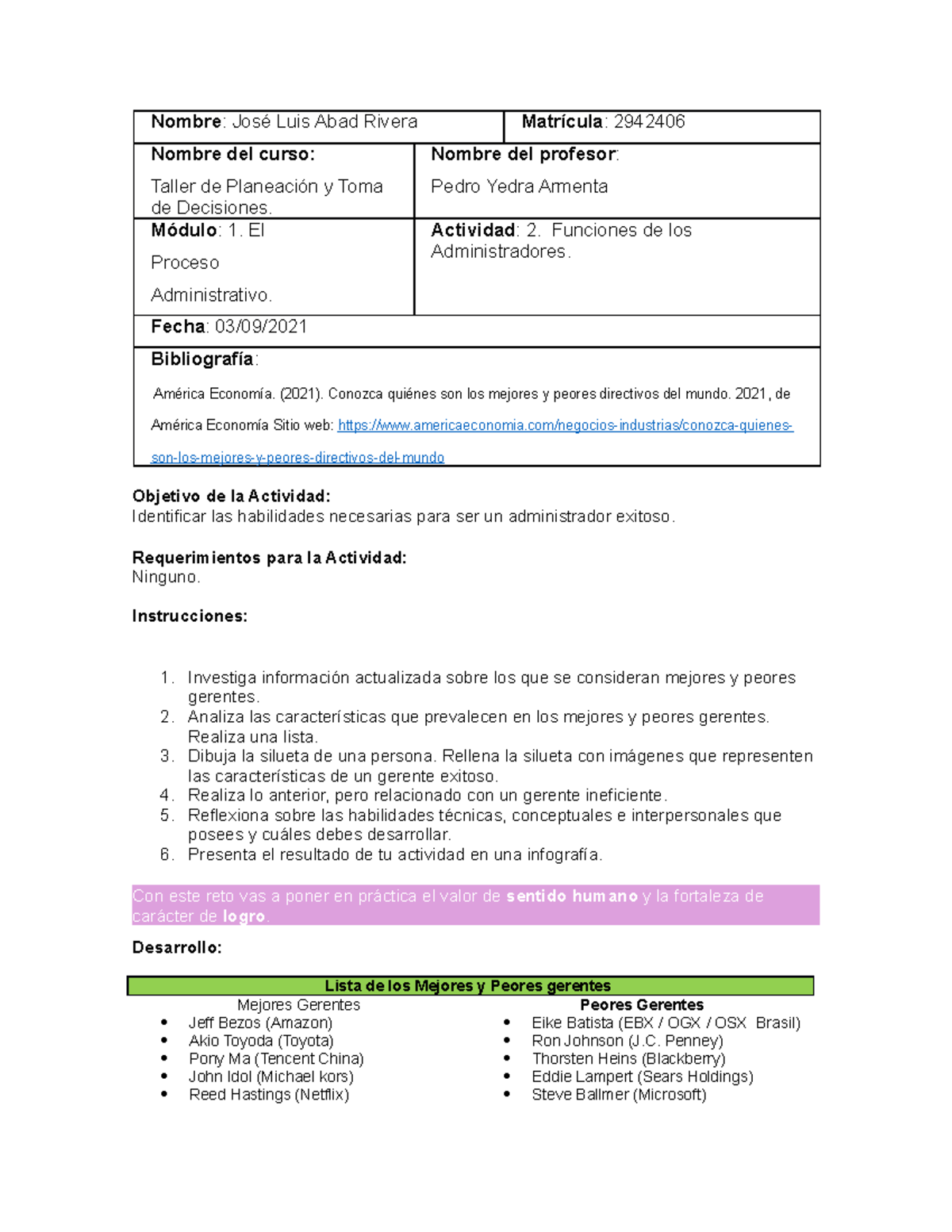 Actividad 2 Taller de Planeacion y Toma de Desiciones - Nombre : José ...