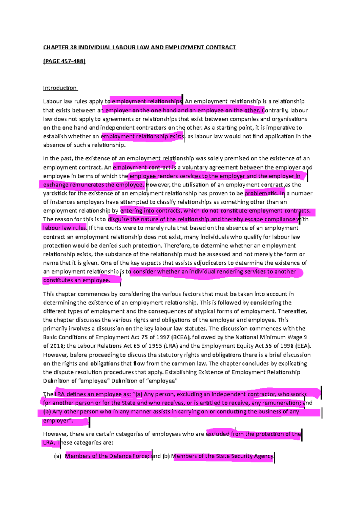 Chapter 38 Notes - CHAPTER 38 INDIVIDUAL LABOUR LAW AND EMPLOYMENT ...
