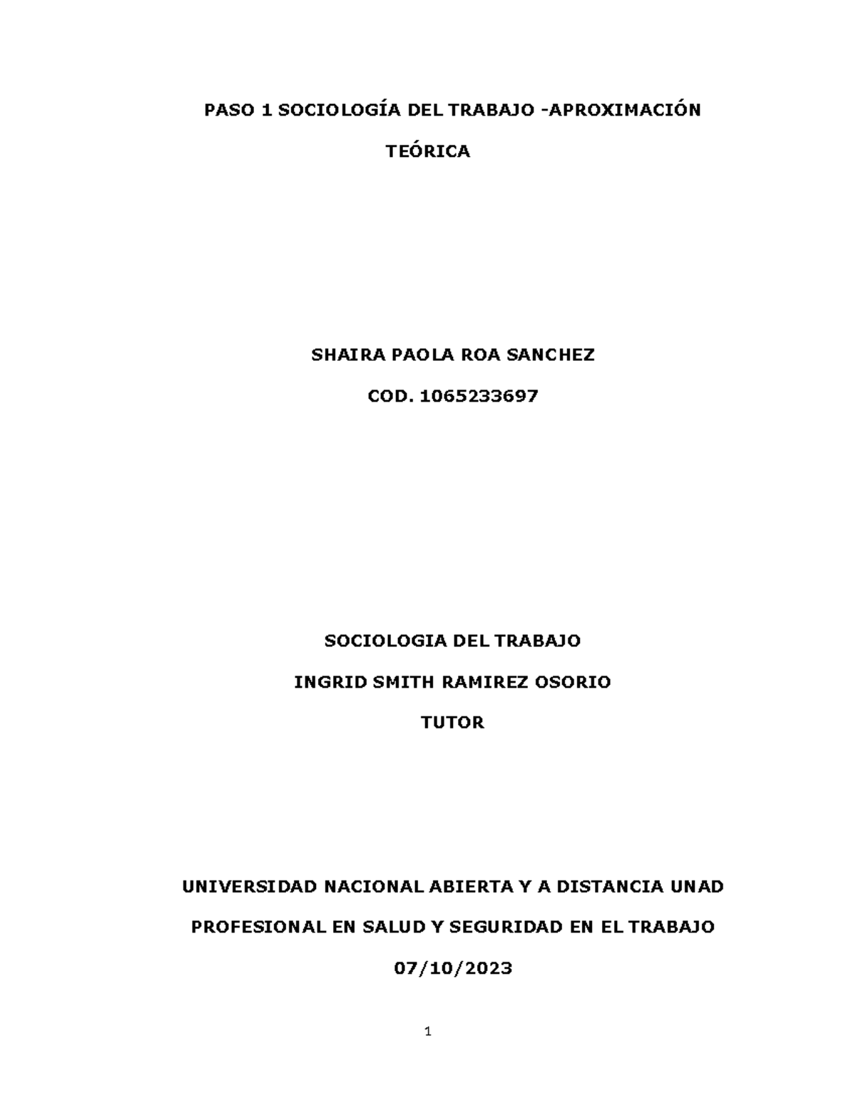 Paso 1 Sociología Del Trabajo Aproximación Teórica Paso 1 SociologÍa