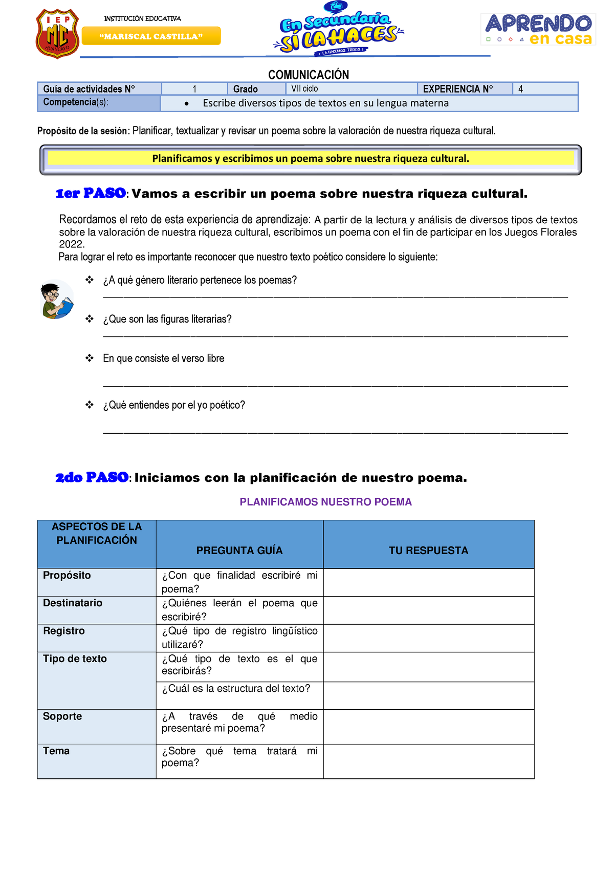 Ficha PARA Escribir UN Poema 3° Y 4° - INSTITUCI”N EDUCATIVA