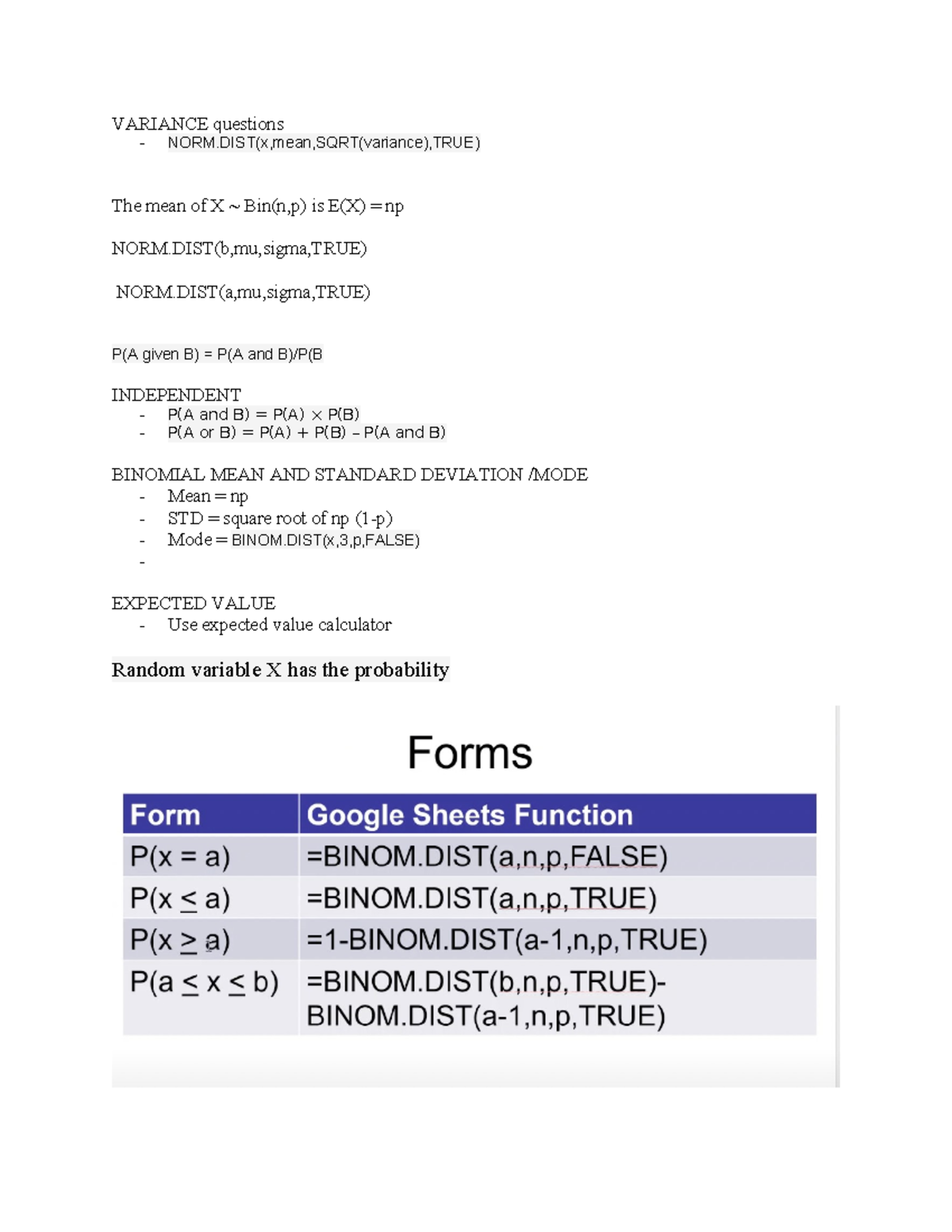 QUAN TEST 2 Formula VARIANCE questions NORM(x,mean,SQRT(variance