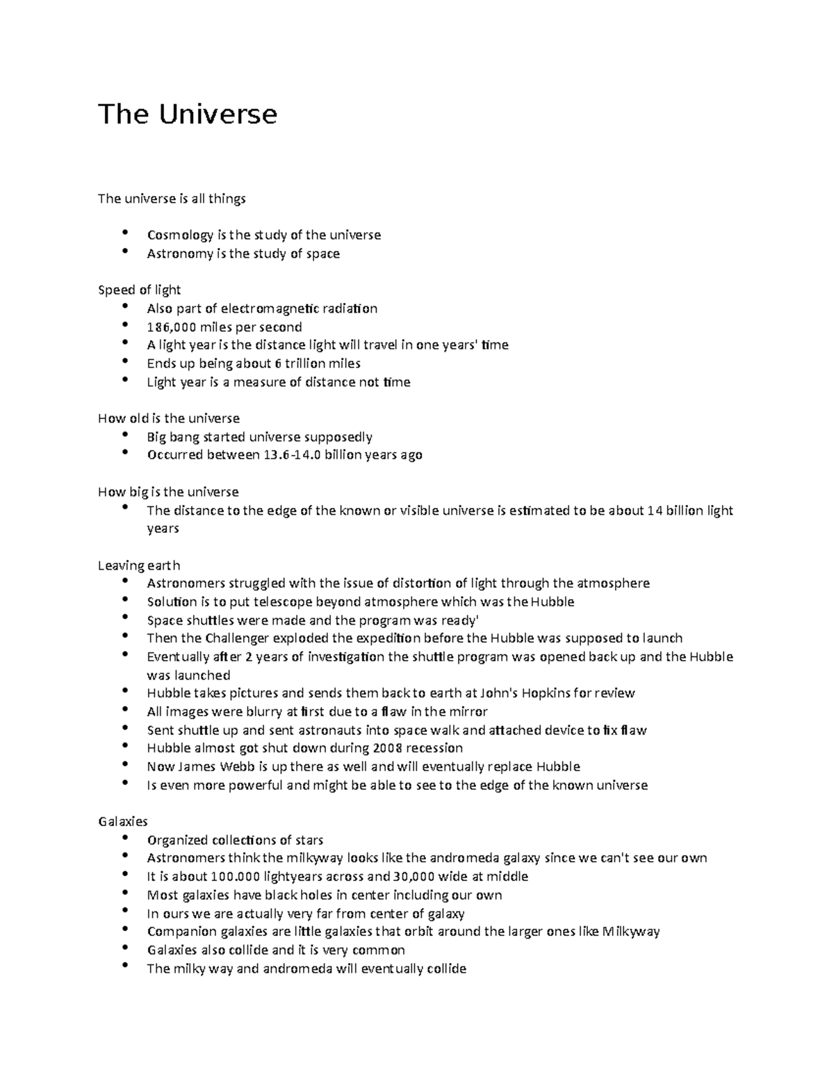 Geo Notes 2 - The Universe The universe is all things Cosmology is the ...