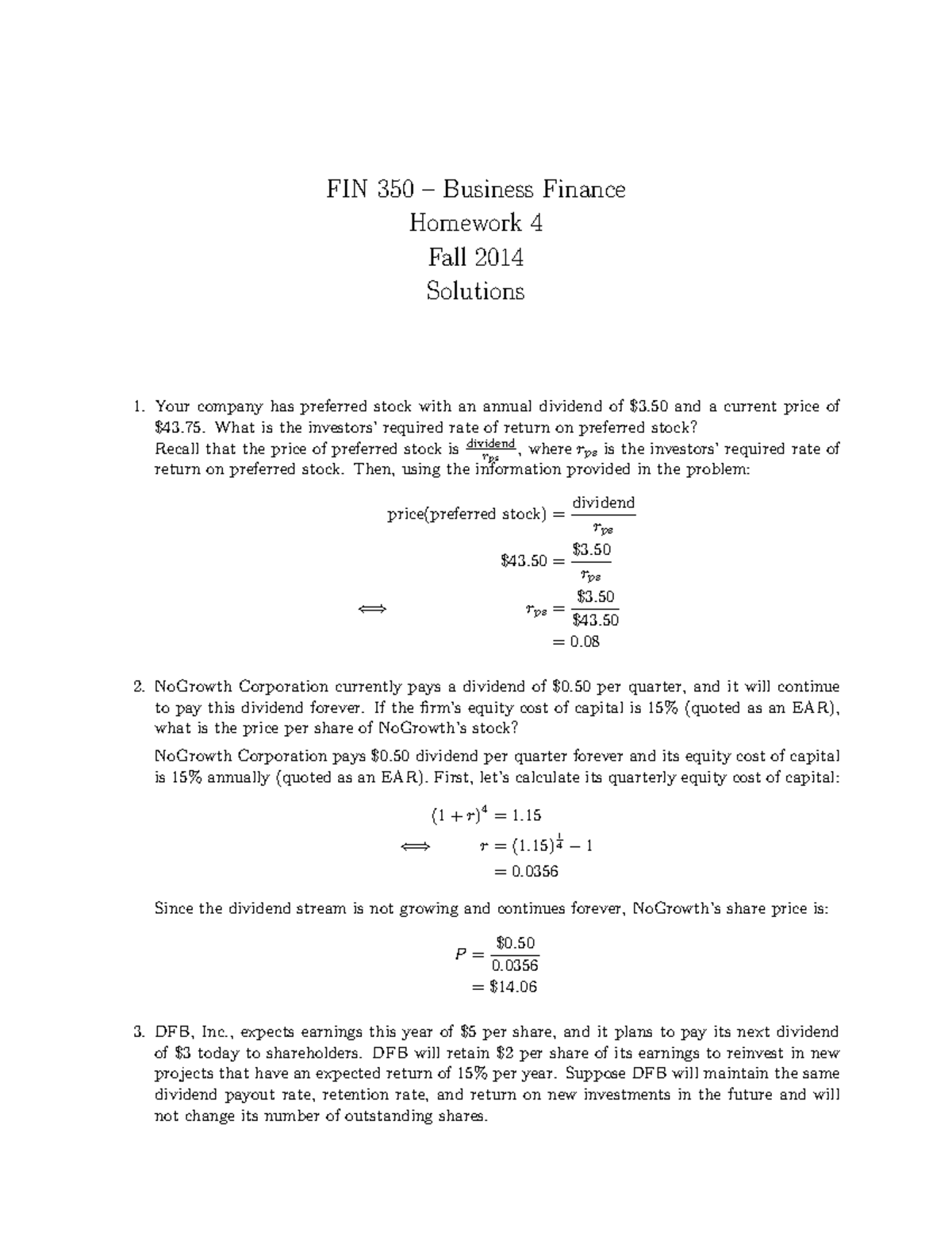 Homework 4 solutions Homework 4 solutions - FIN 350 – Business Finance ...