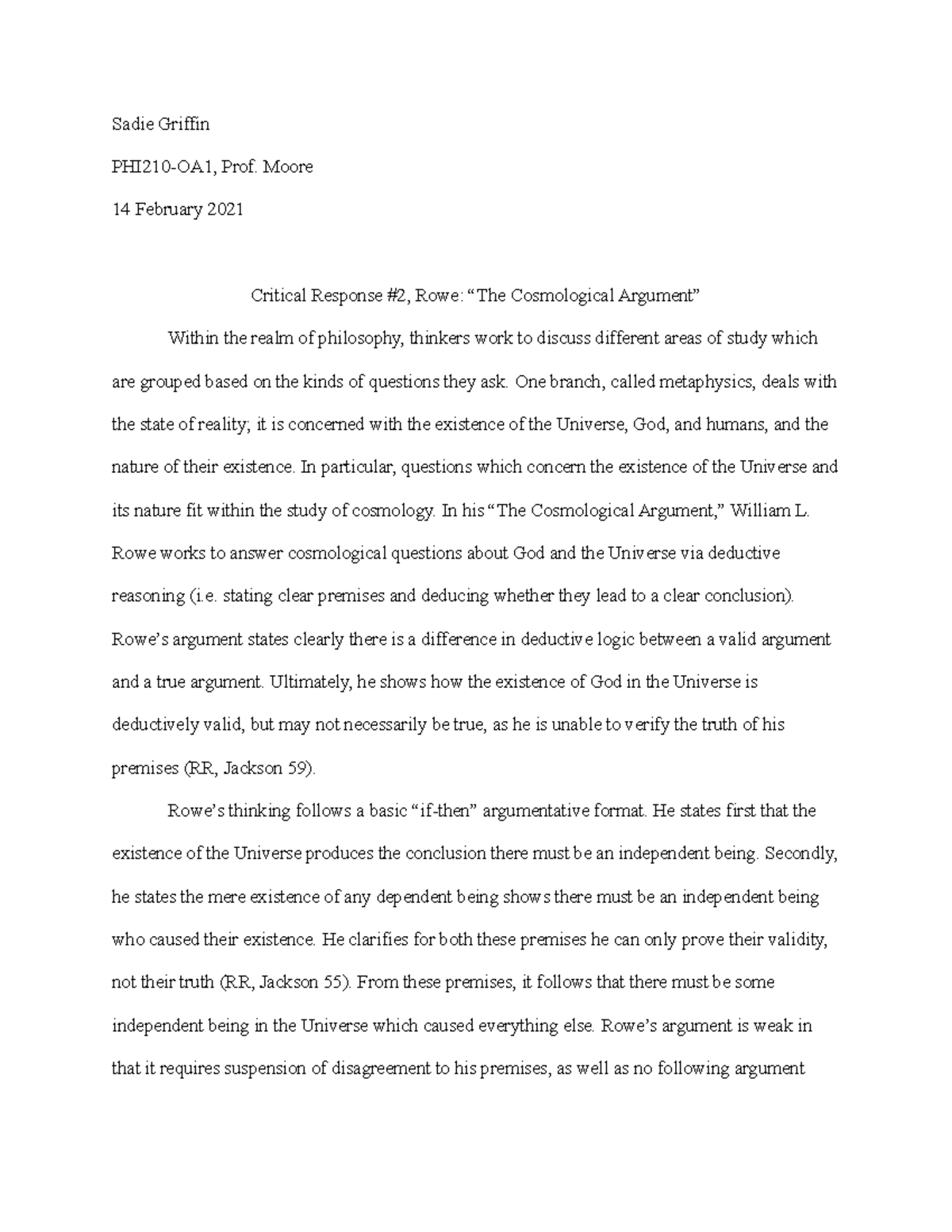 PHI210 Critical Response Paper 2 - Sadie Griffin PHI210-OA1, Prof ...
